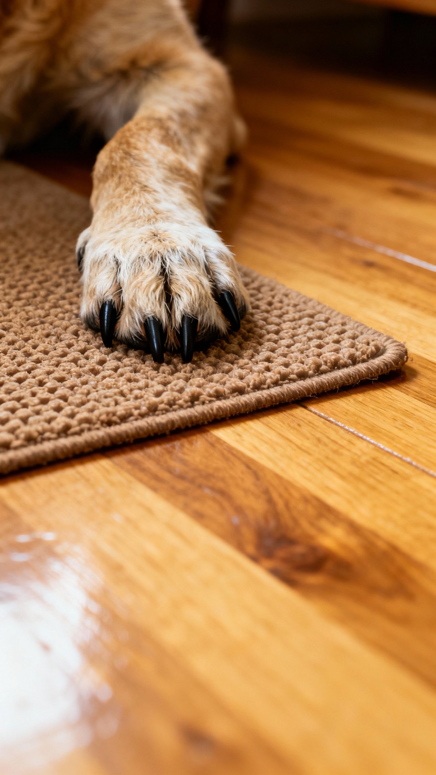 Non-slip rug on hardwood with senior dog’s furry paws, black nails