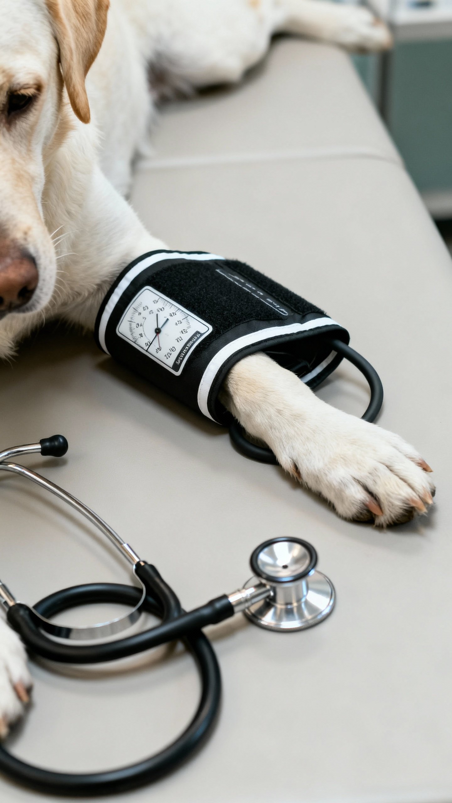 Vet exam room closeup: blood pressure cuff on dog’s foreleg, stethoscope nearby