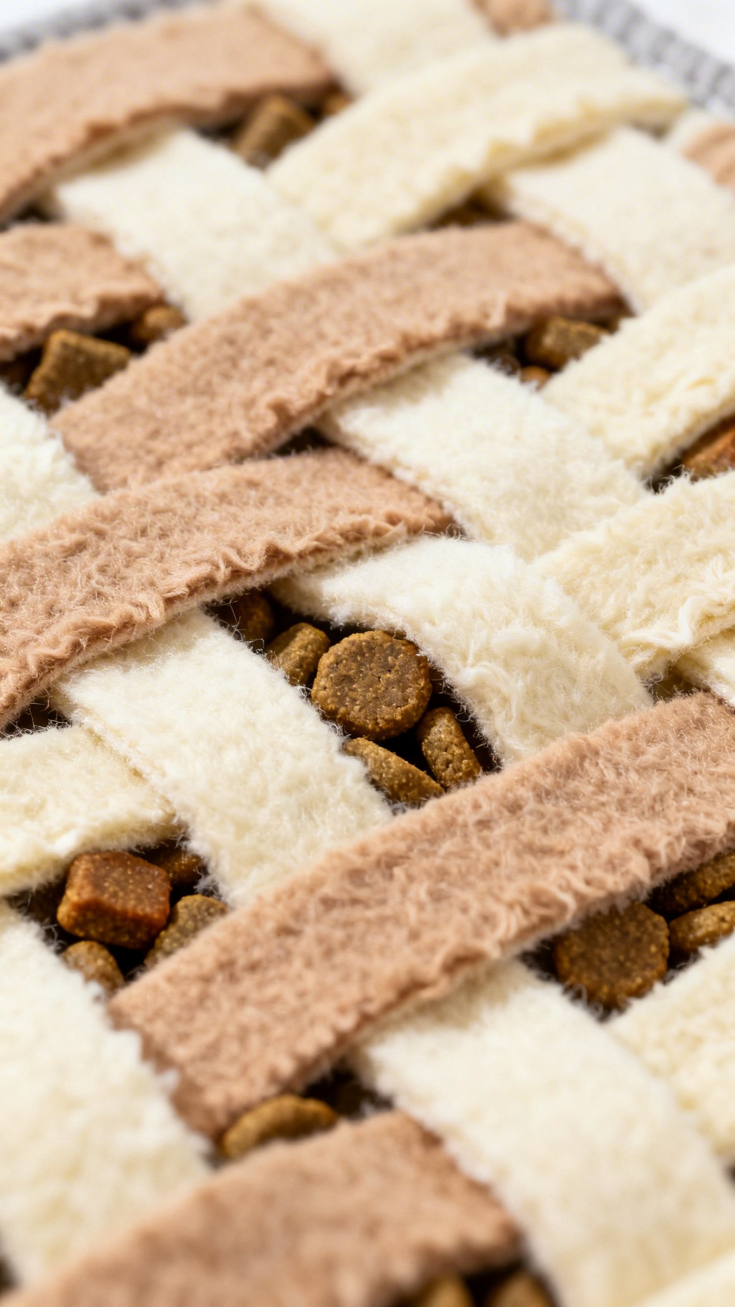Closeup of snuffle mat puzzle, kibble tucked in fleece strips