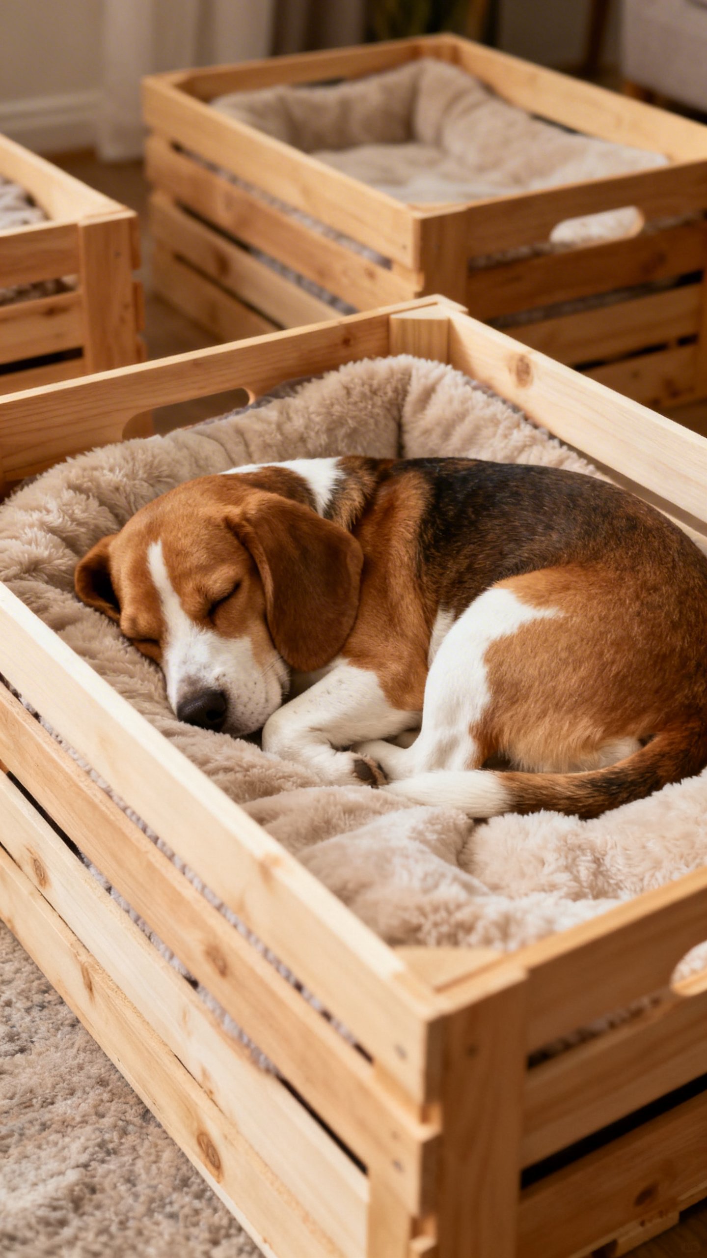 Cozy nap area, crates with soft beds, sleepy beagle curled up