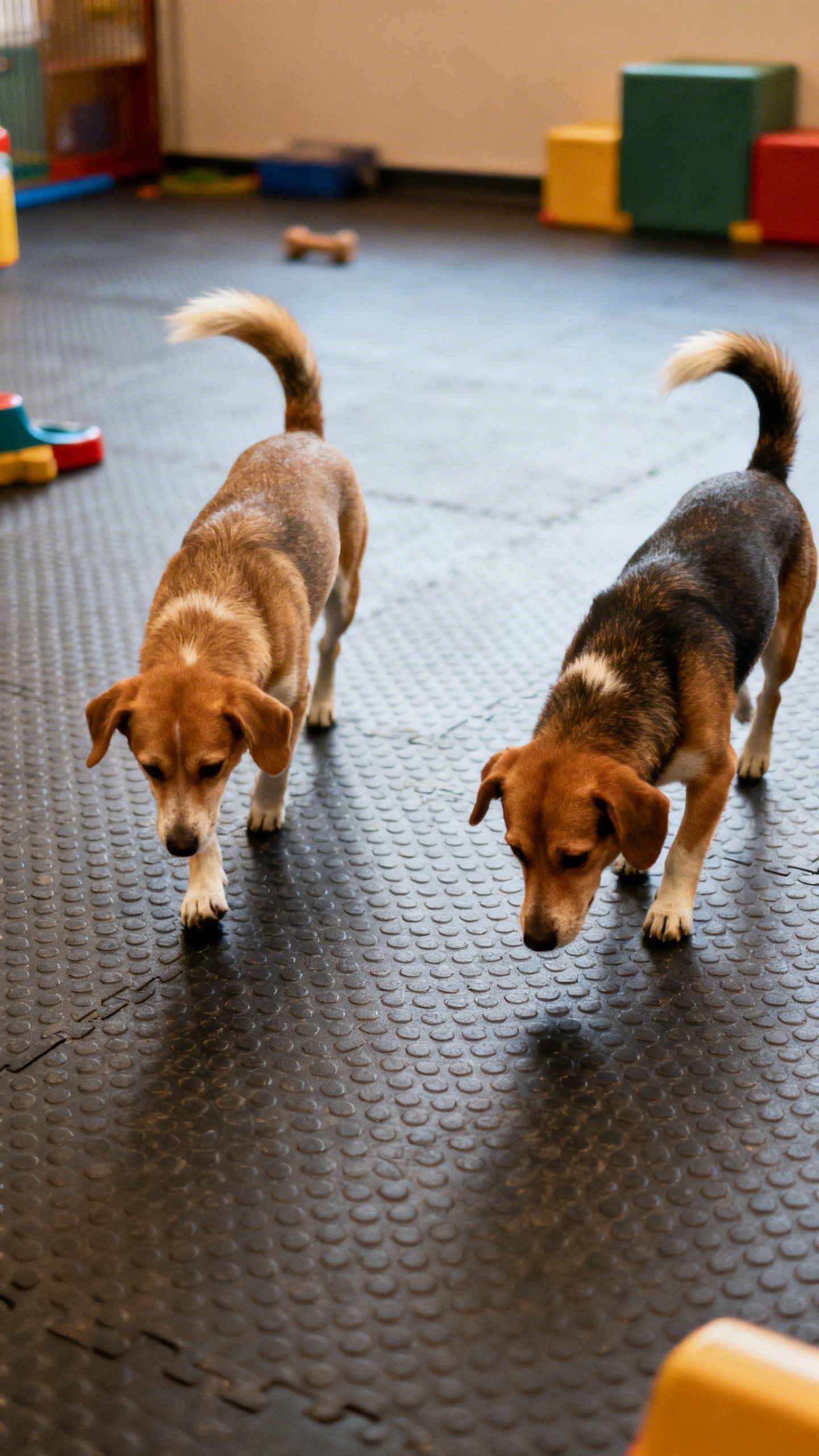 Small-group playroom, rubber floor traction, two shy dogs parallel play