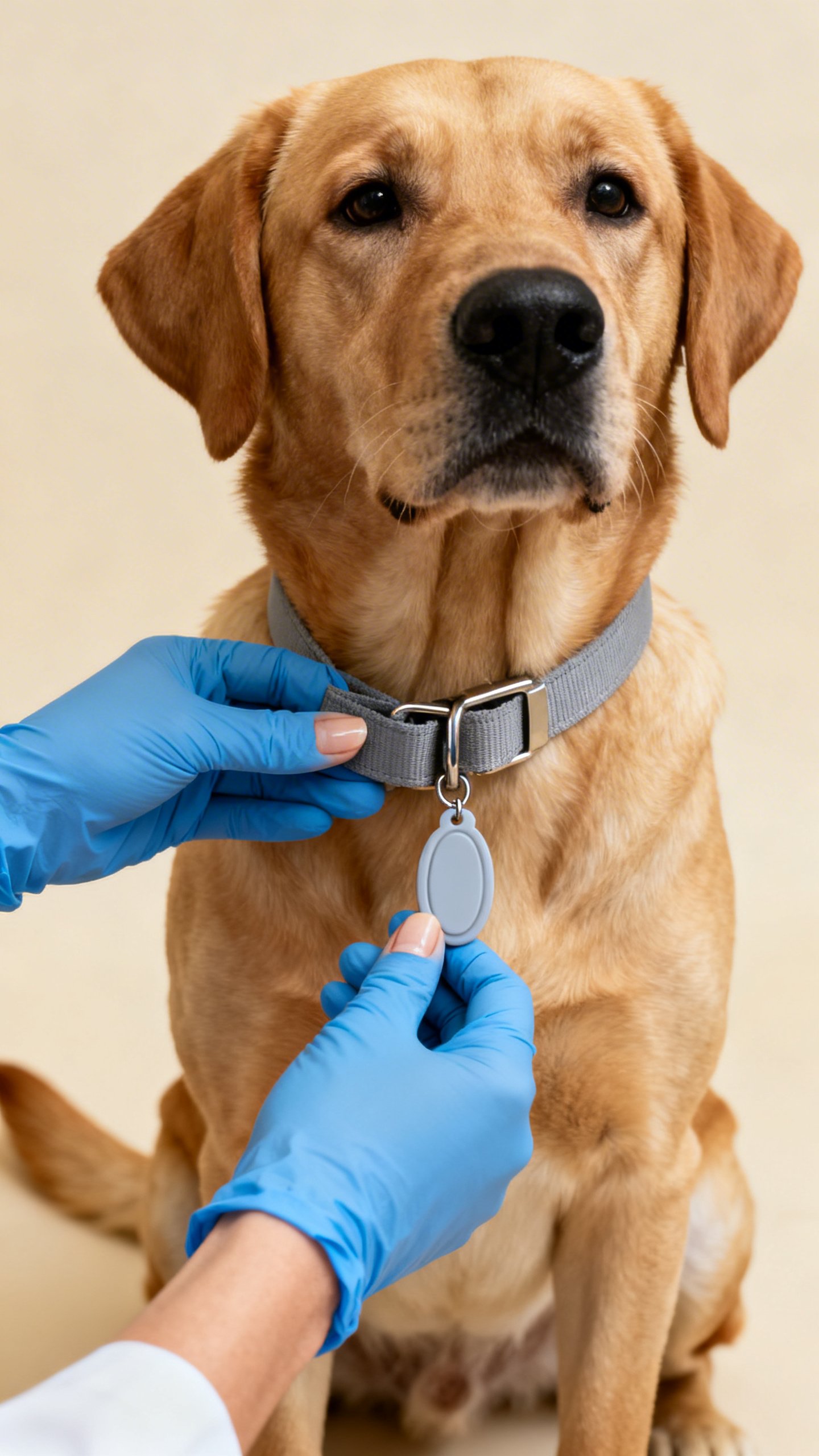 Staff hand clipping quick-release collar tag on medium labrador