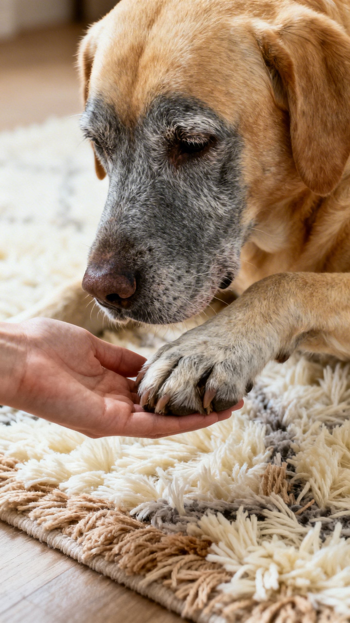 Arthritic gray-muzzled lab offering paw to low hand, plush rug texture