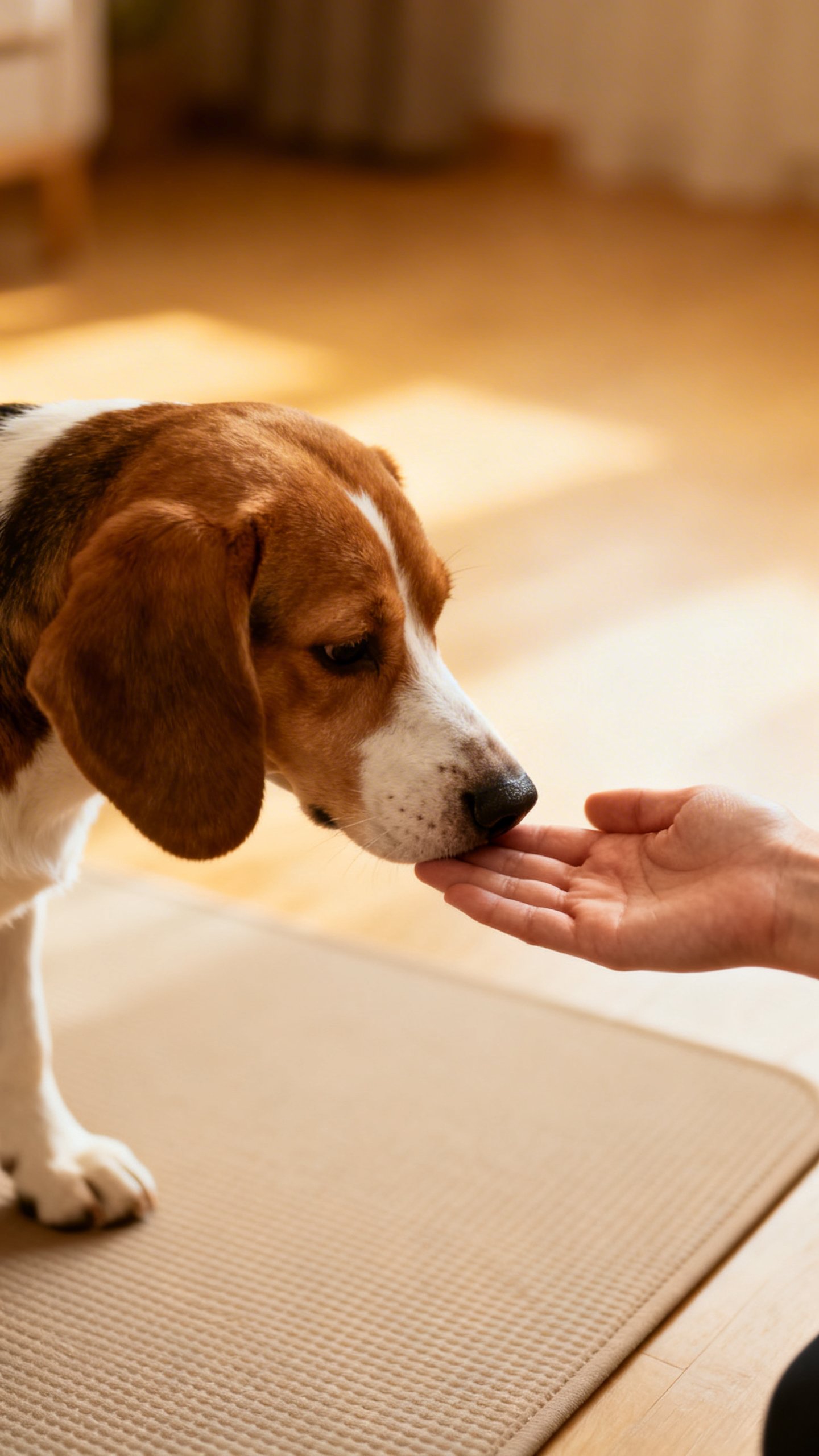 Beagle booping trainer’s open palm, indoor mat visible, side view