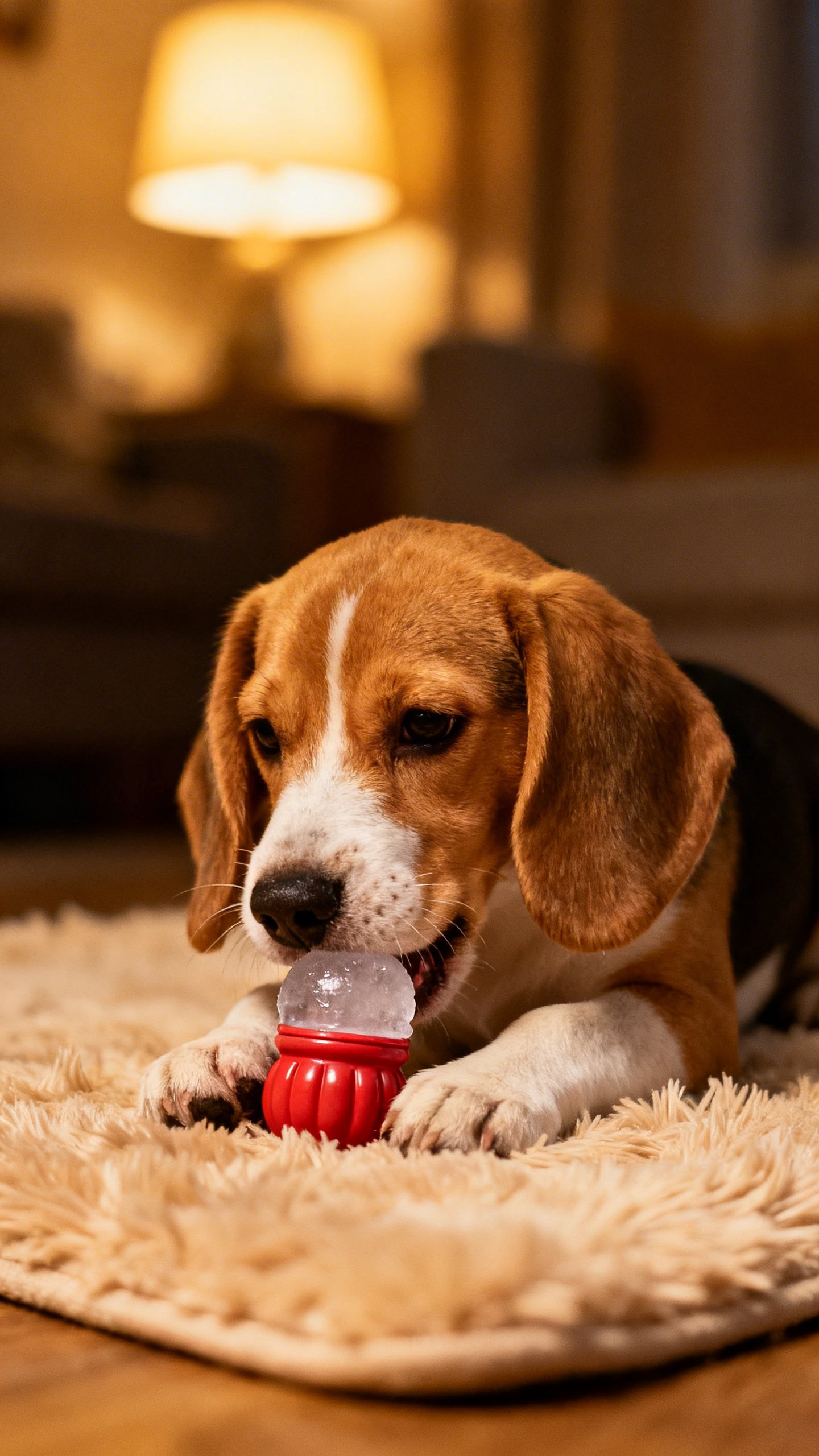 Beagle puppy chewing frozen Kong on plush mat, soft lamplight