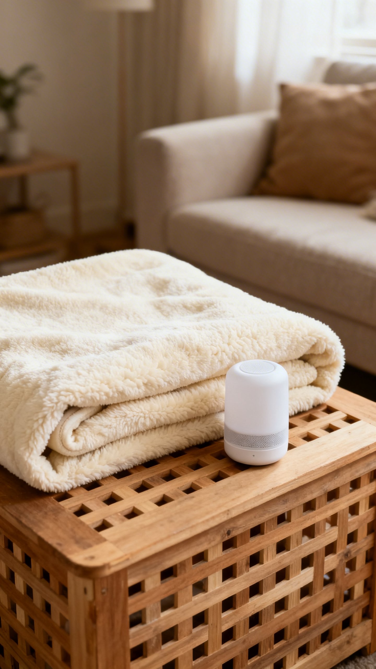 Calm living room nook with crate, fleece blanket, white noise machine