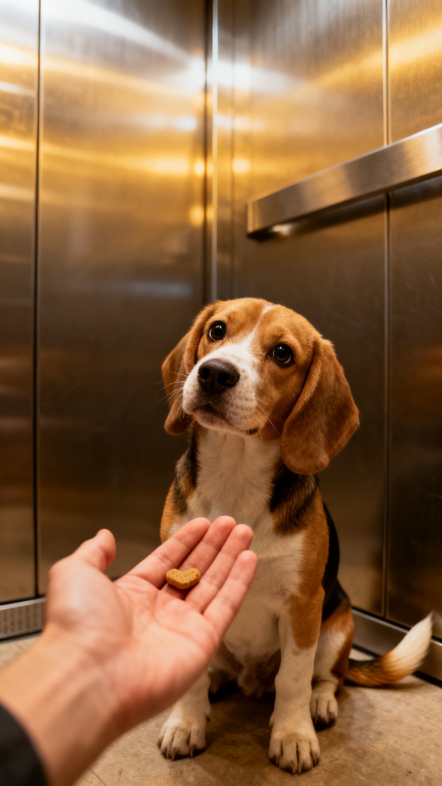 Closeup beagle puppy sitting in elevator, stainless walls, treat-ready hand