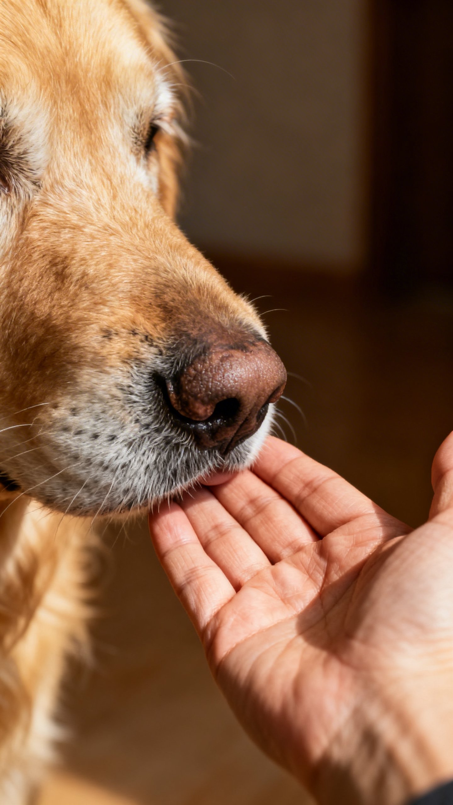 Closeup elderly golden retriever nose booping human palm, soft indoor light
