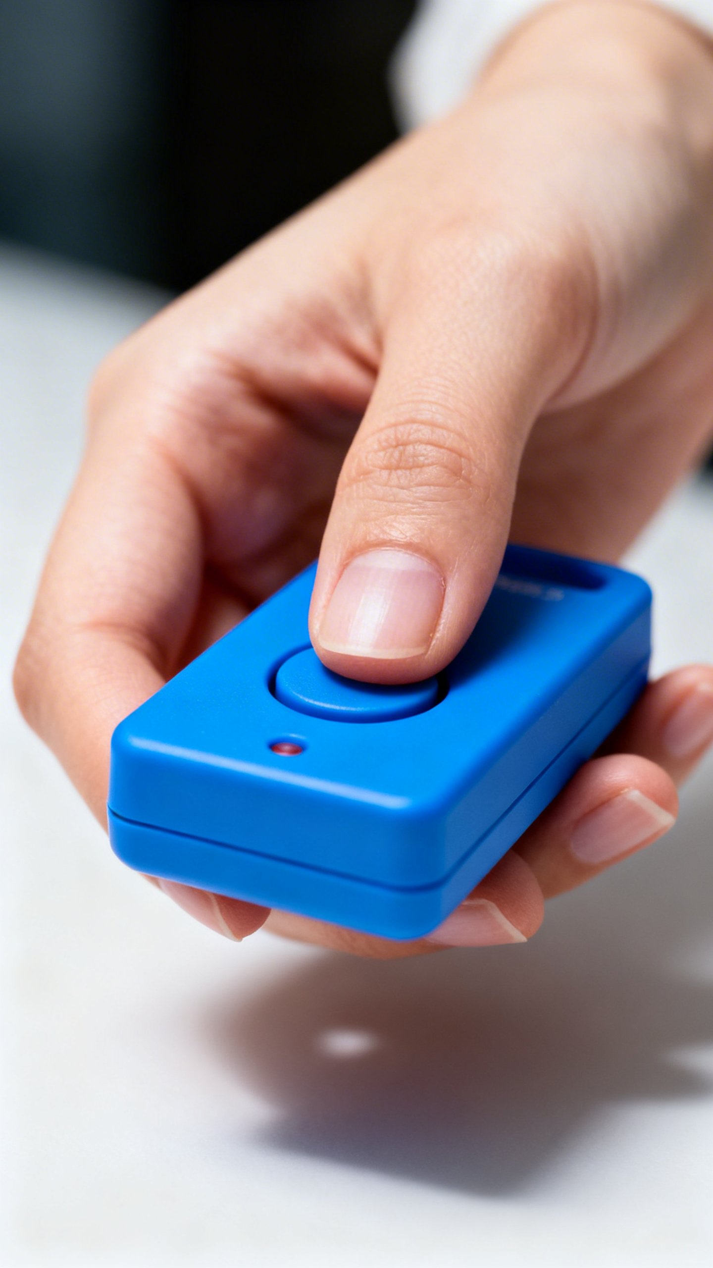 Closeup of blue box clicker in female hand, thumb pressing