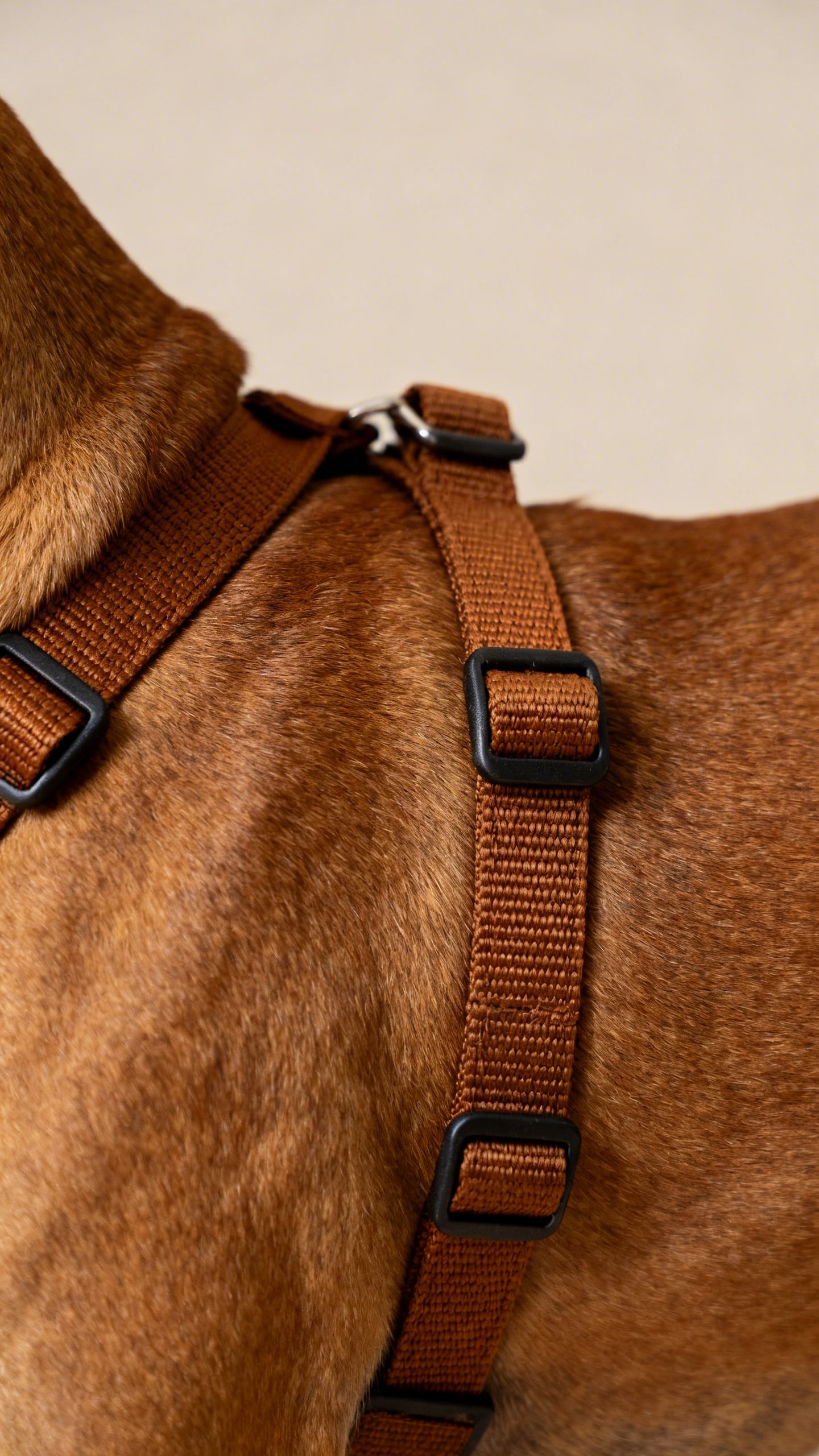 Closeup of front-clip harness on medium brown dog chest, snug fit