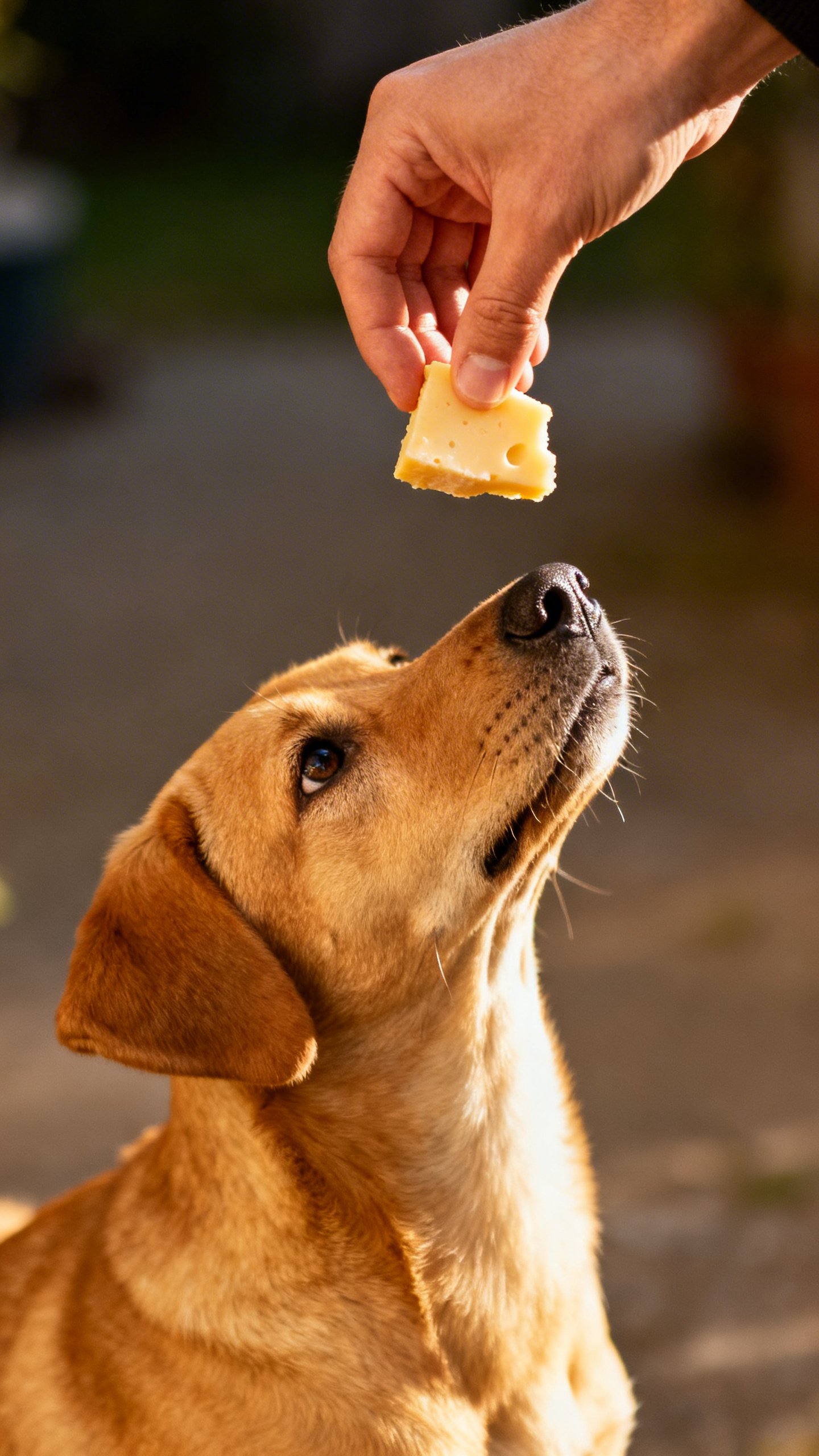 Closeup of hand luring tan dog into sit, cheese bit poised
