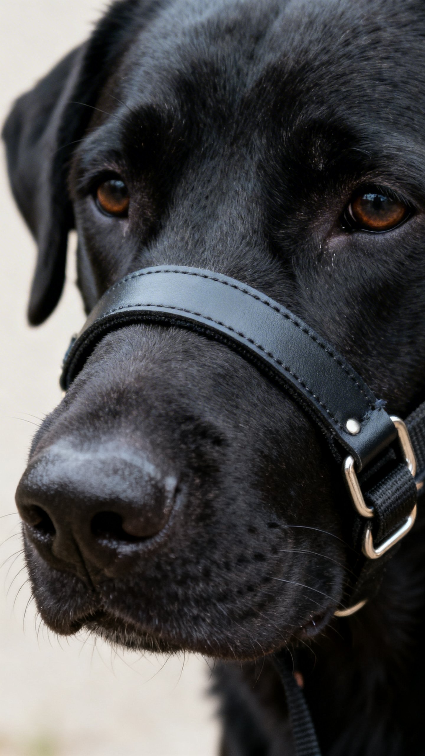 Closeup of head halter on strong black dog muzzle, calm eyes, smooth fit