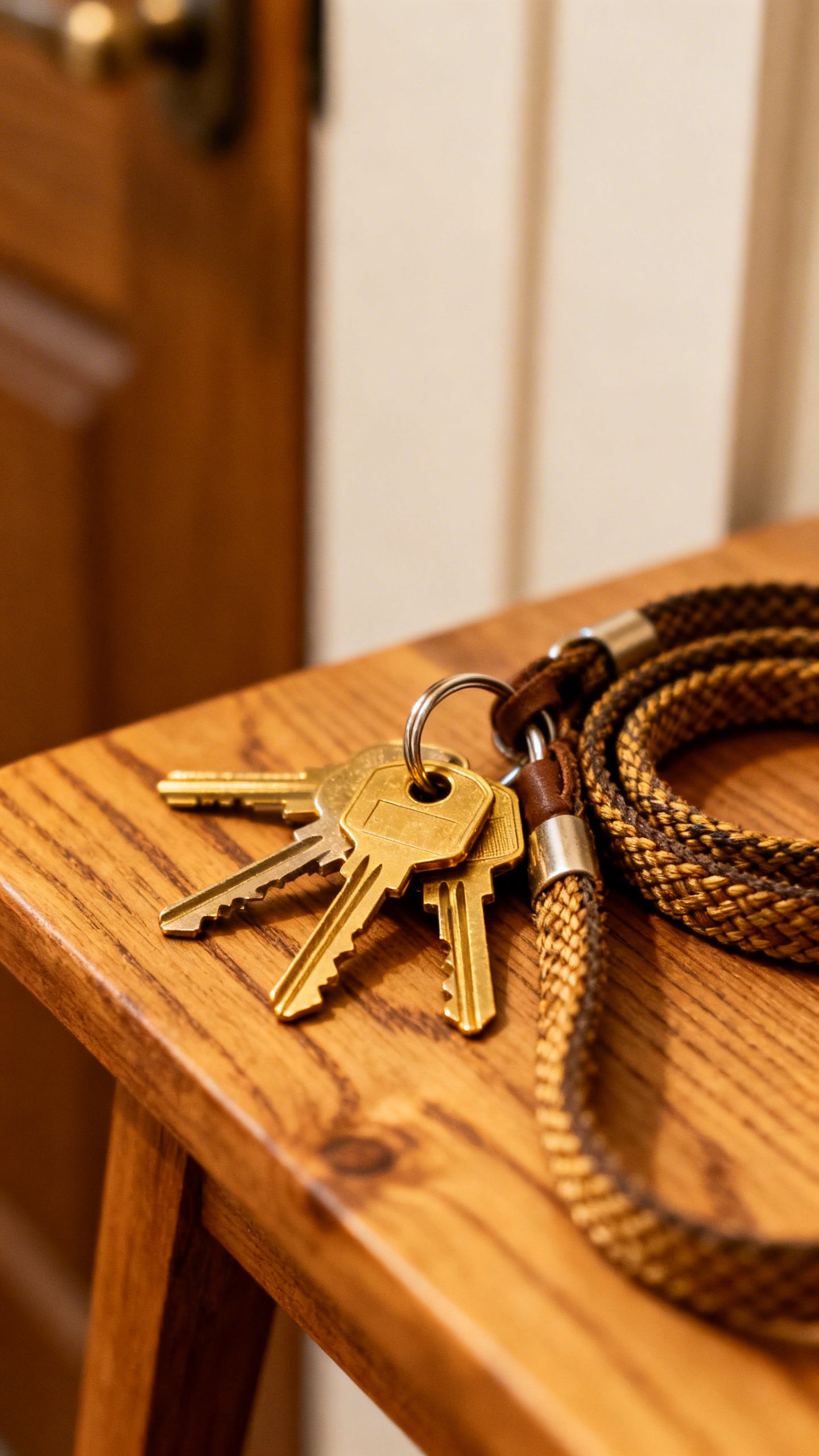 Closeup of jingling house keys beside leash on entry table