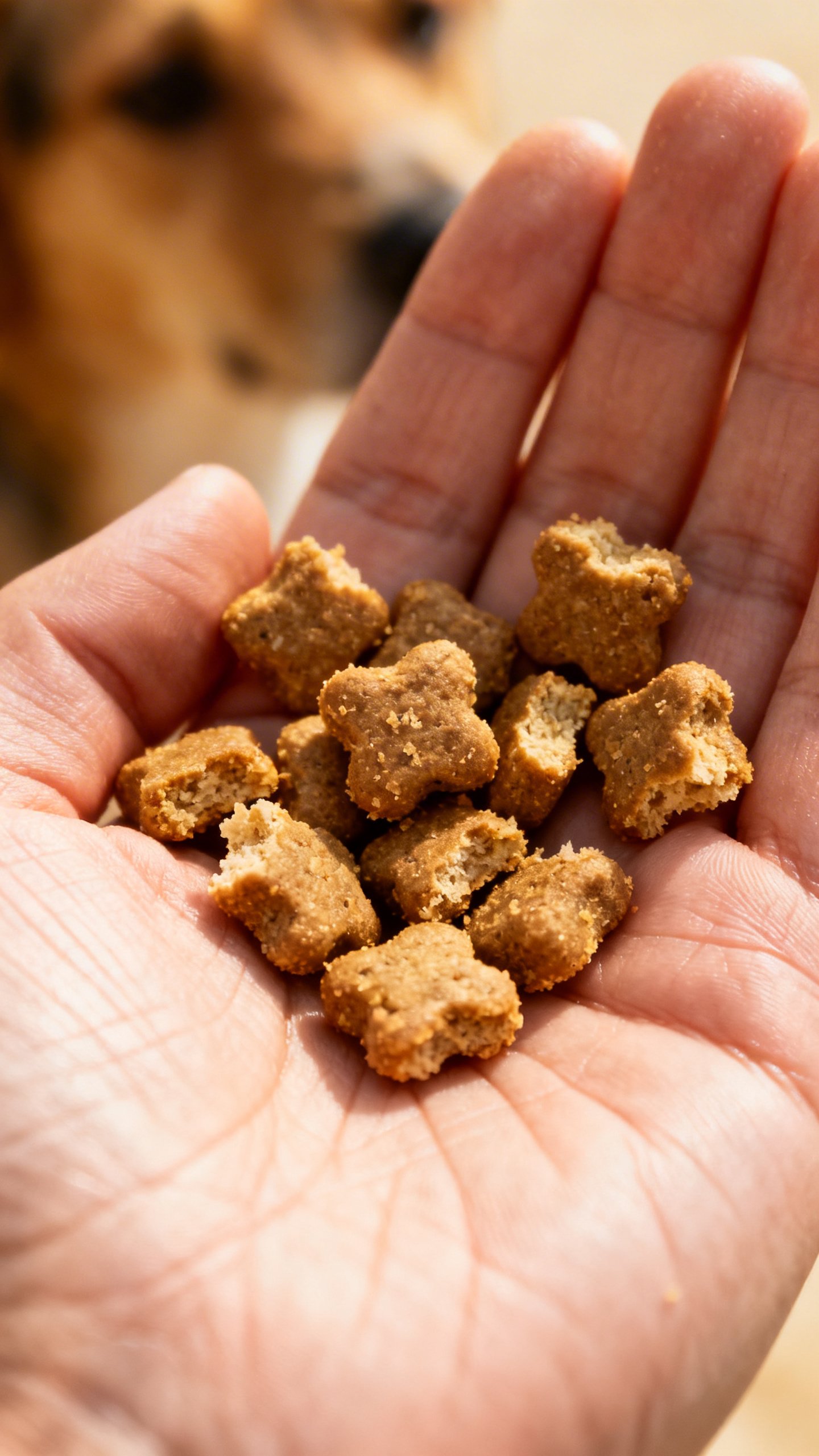 Closeup of pea-sized dog treats in trainer’s palm