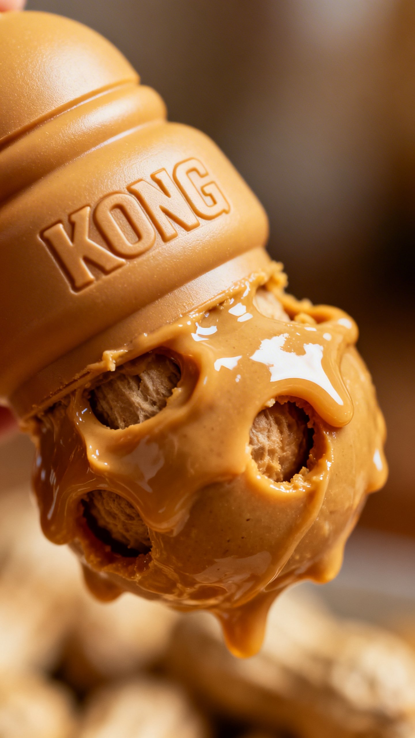 Closeup of stuffed Kong toy oozing peanut butter, rubber texture