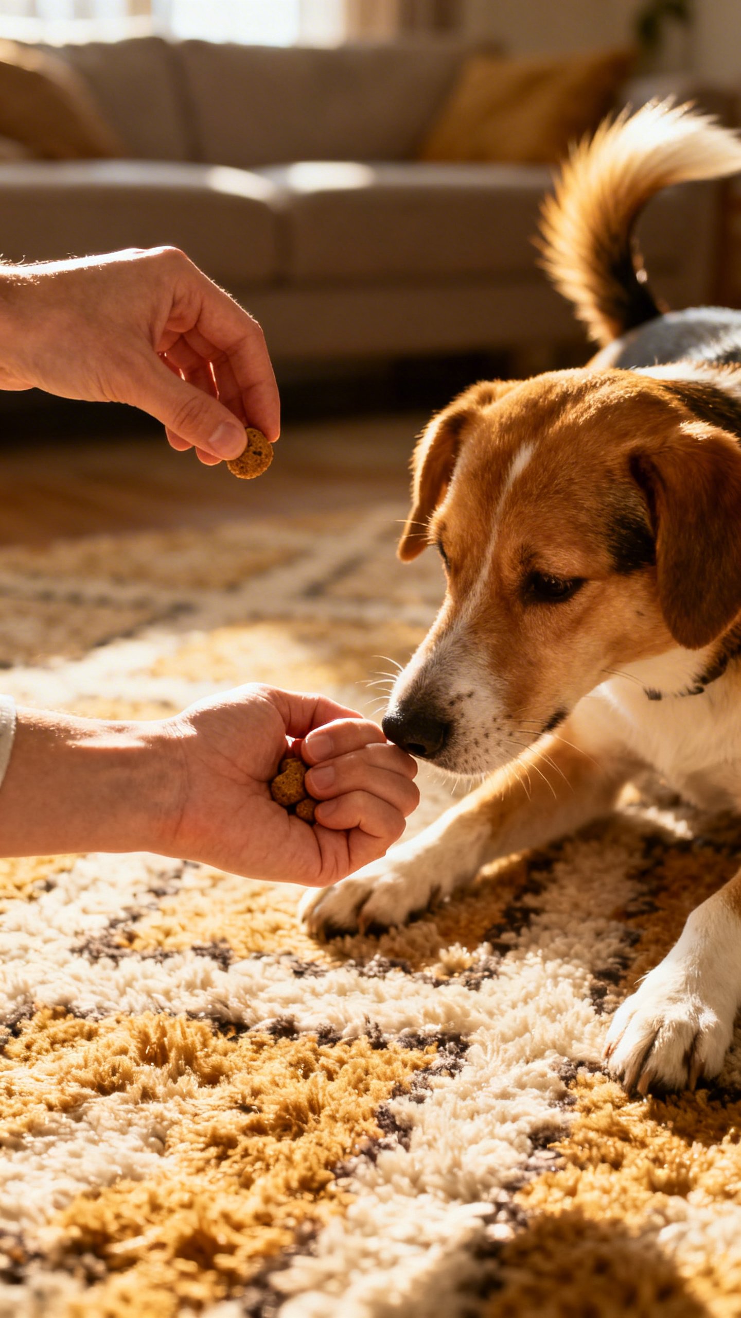 Dog sniffing closed fist with treat, other hand offers reward, living room rug