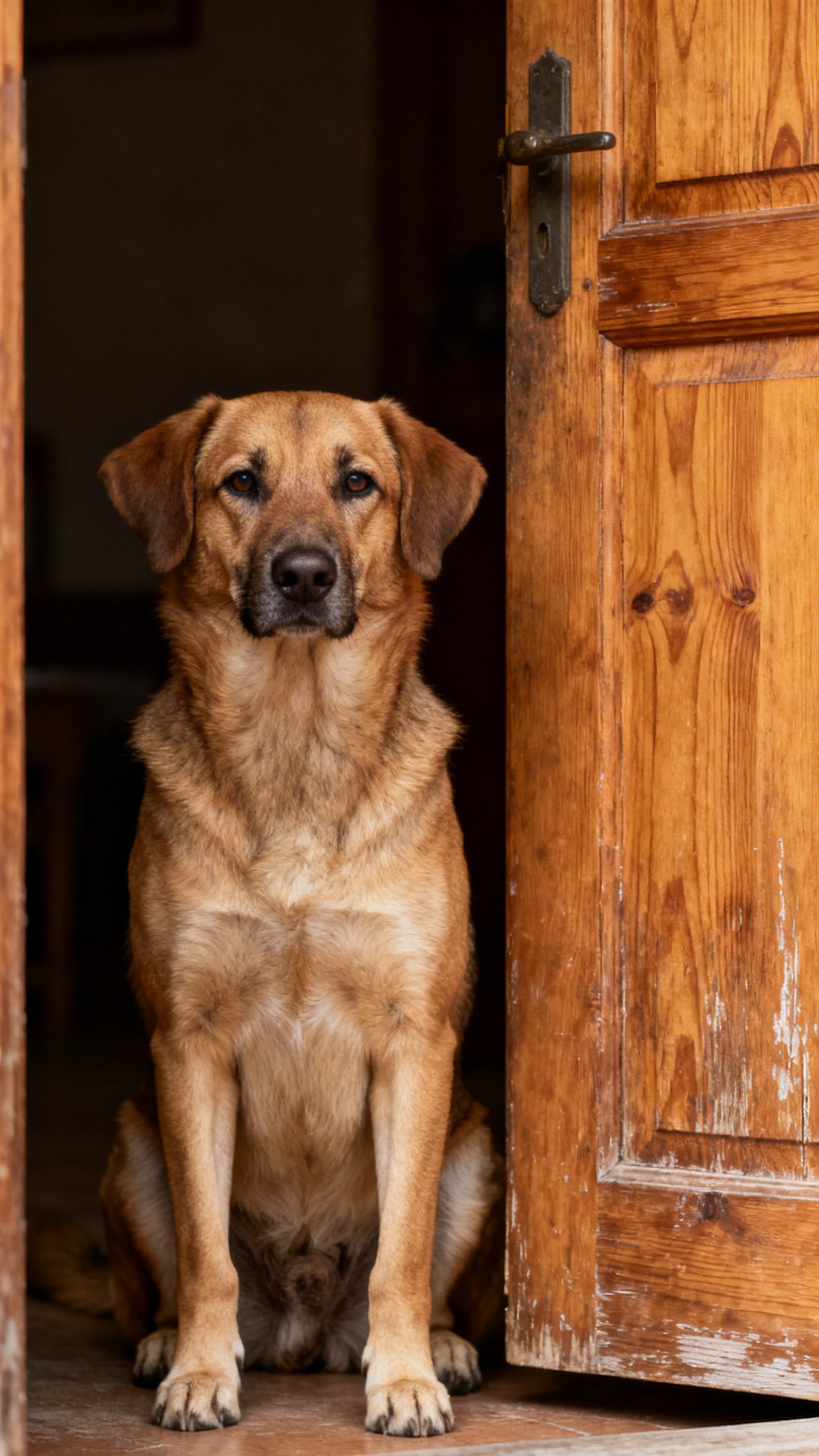 Doorway scene, medium dog holding sit, focused eye contact, wooden door ajar