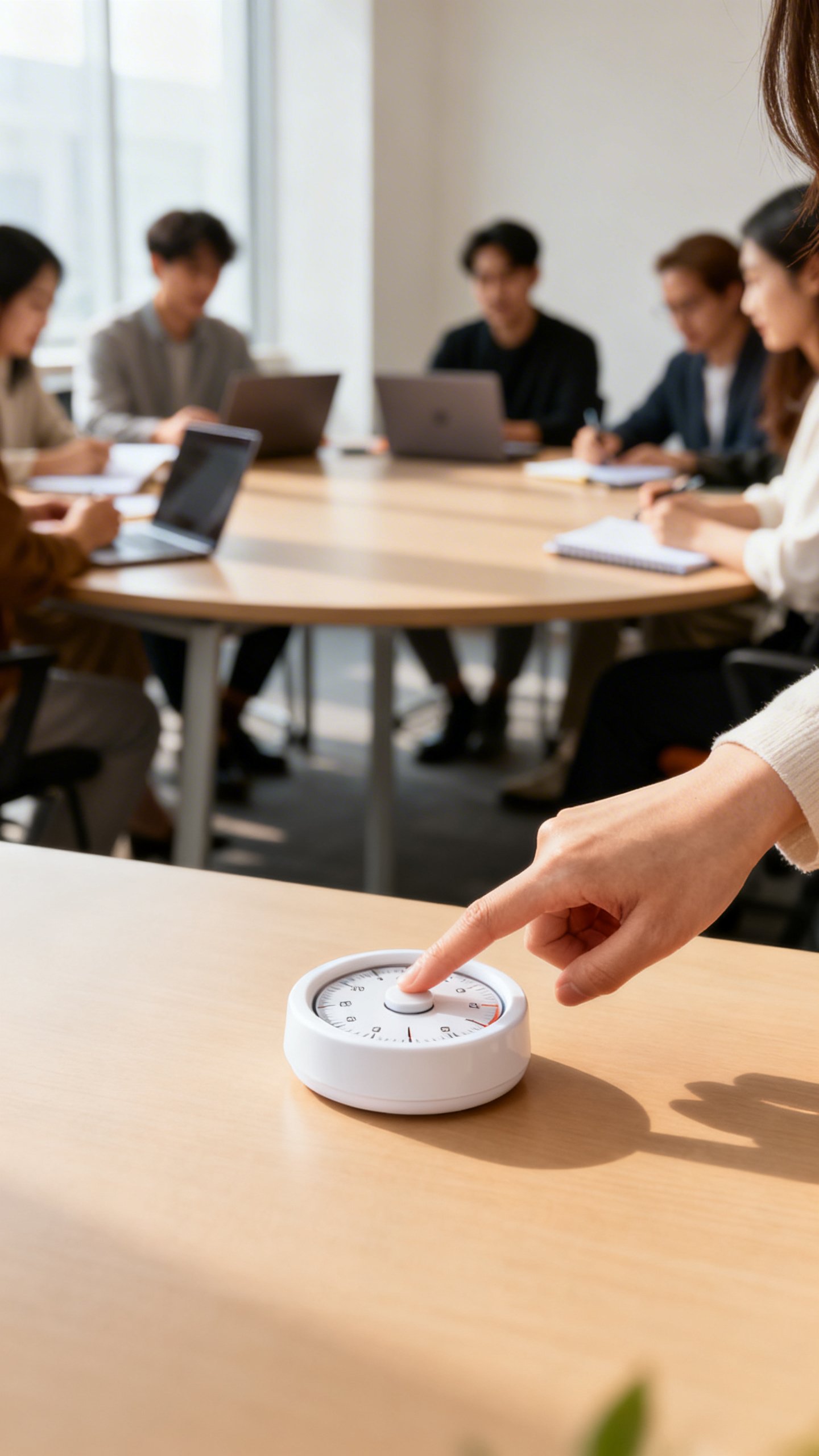 Female hand pressing kitchen timer, round-robin meeting in background