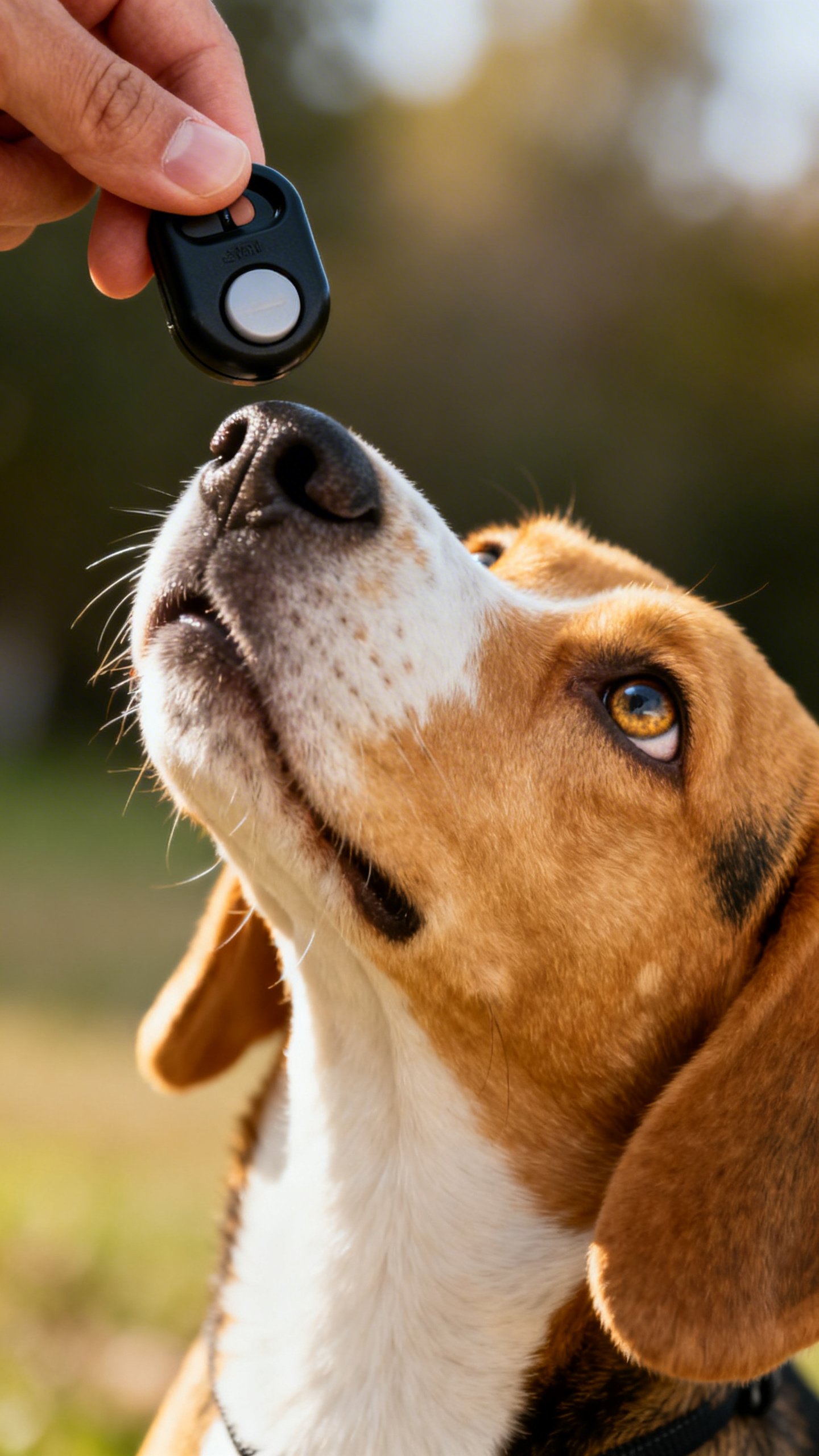 Freeze-frame clicker training moment, thumb on black clicker, eager beagle eyes