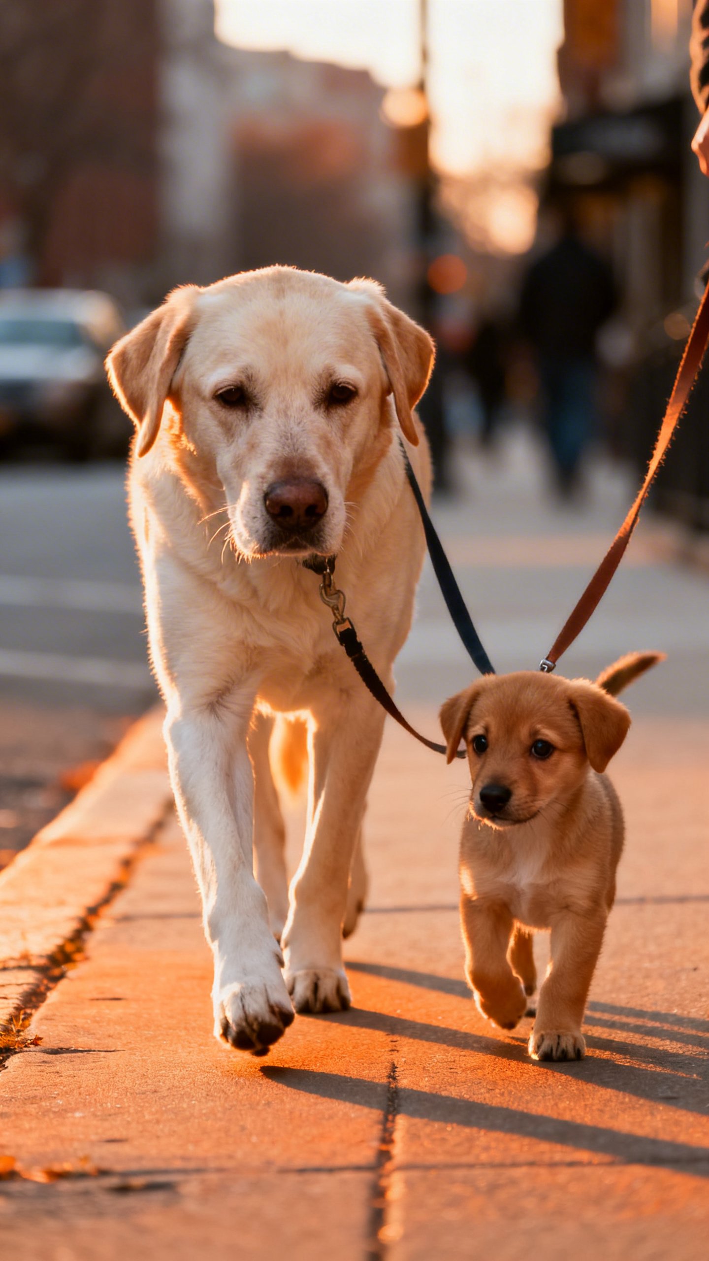 Gentle older dog and puppy parallel walk, city sidewalk, loose leashes, soft light