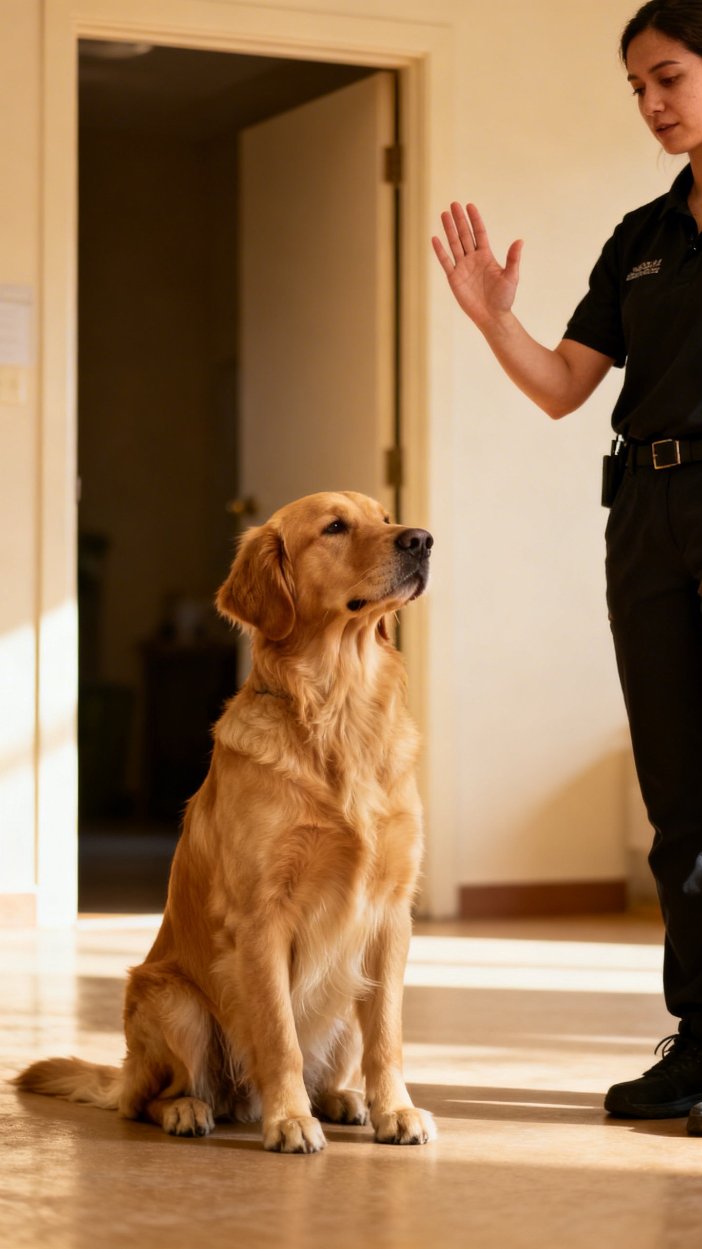 Golden retriever sitting, trainer’s palm up “stay,” hallway doorway ajar