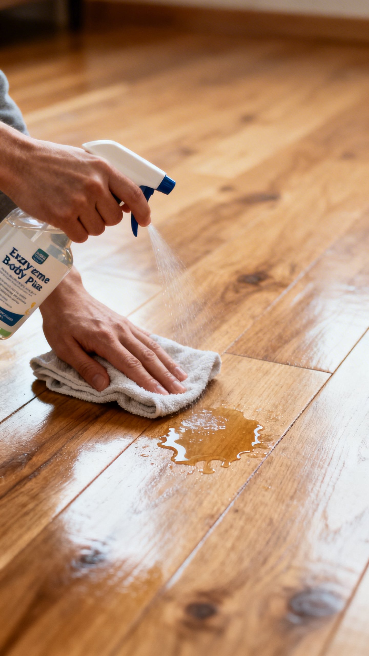 Hand holding enzyme cleaner spray, wiping puppy pee on hardwood