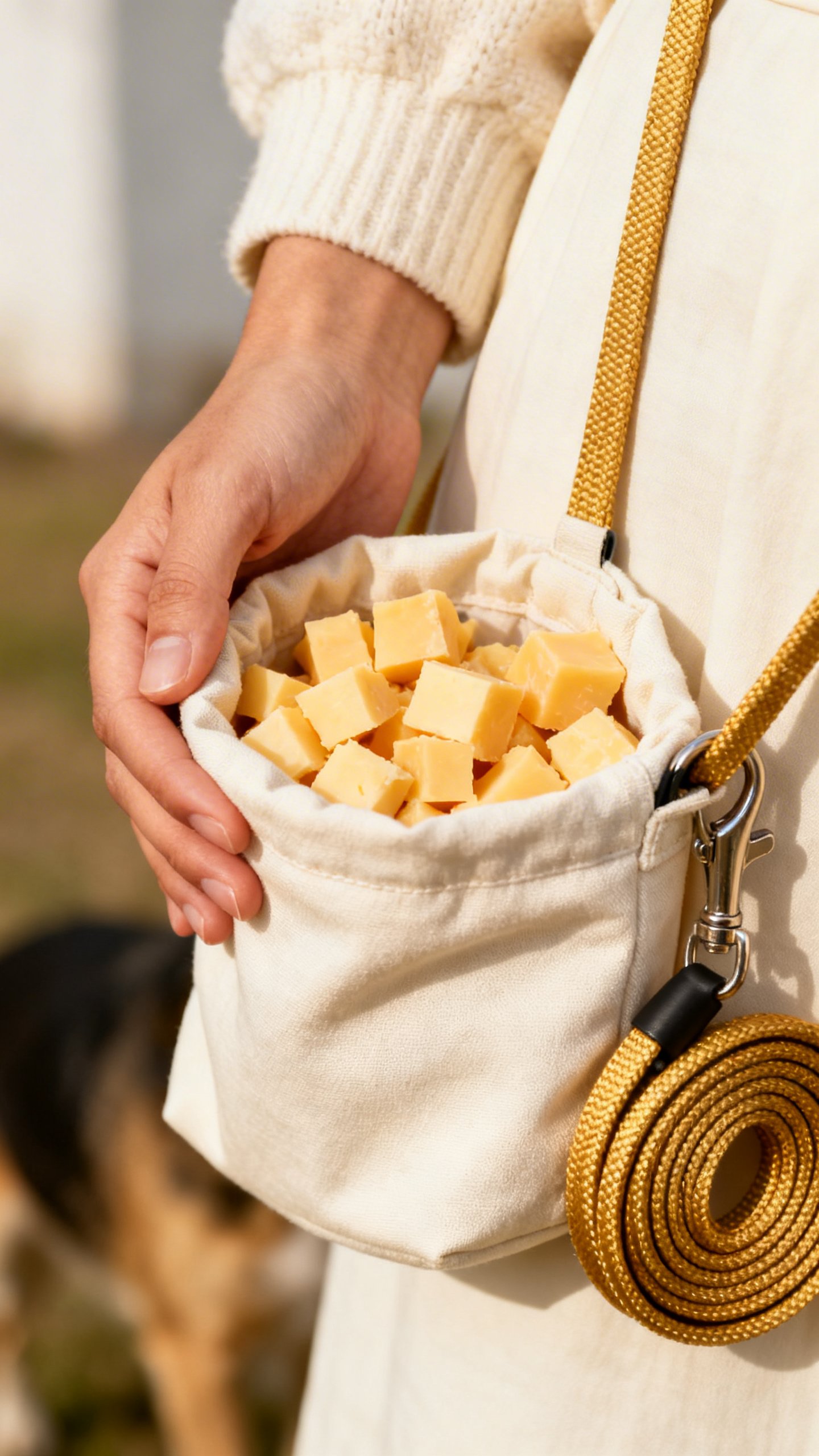 Hand holding treat pouch with diced cheese, six-foot leash coiled