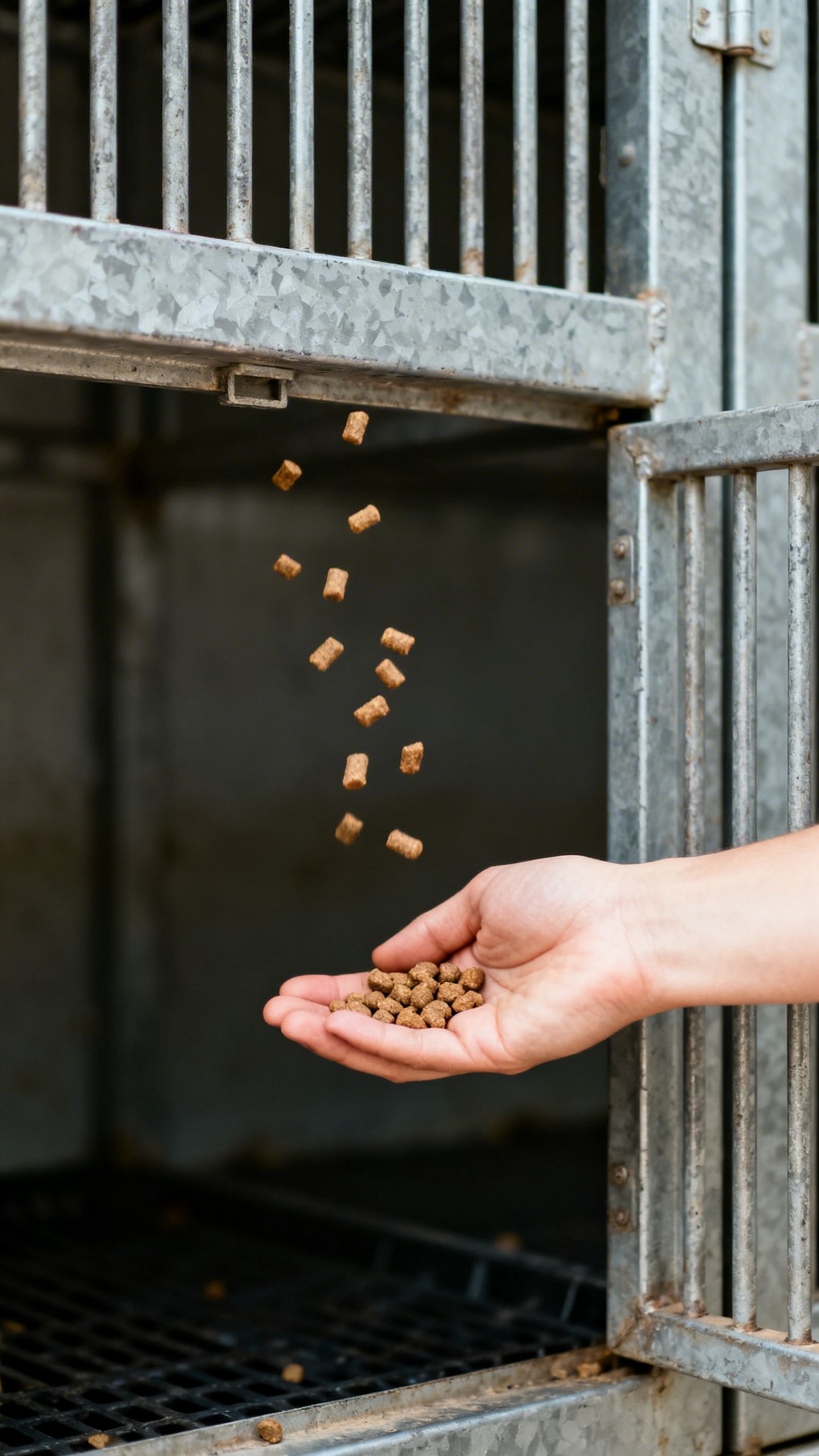 Hand tossing small treats into open crate doorway, metal bars