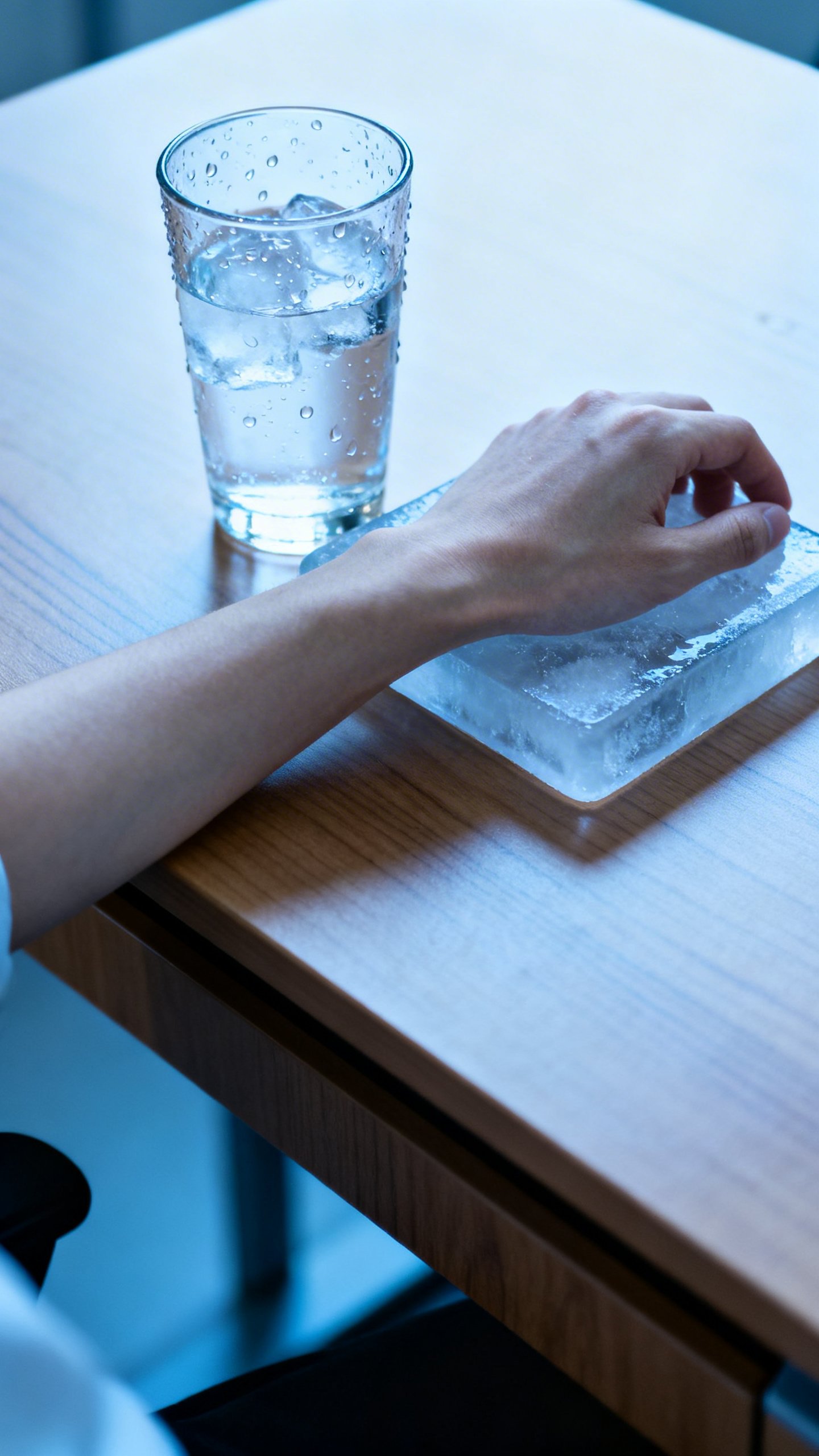 Ice-cold water glass and wrist on ice pack, desk closeup