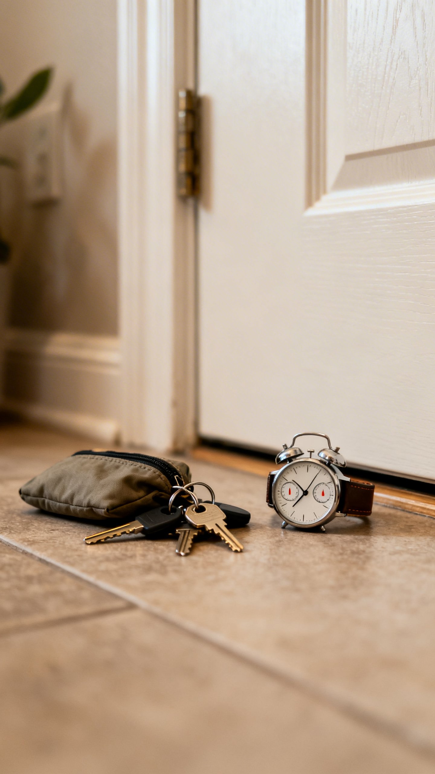 Keys and bag placed by front door, dual alarms on watch