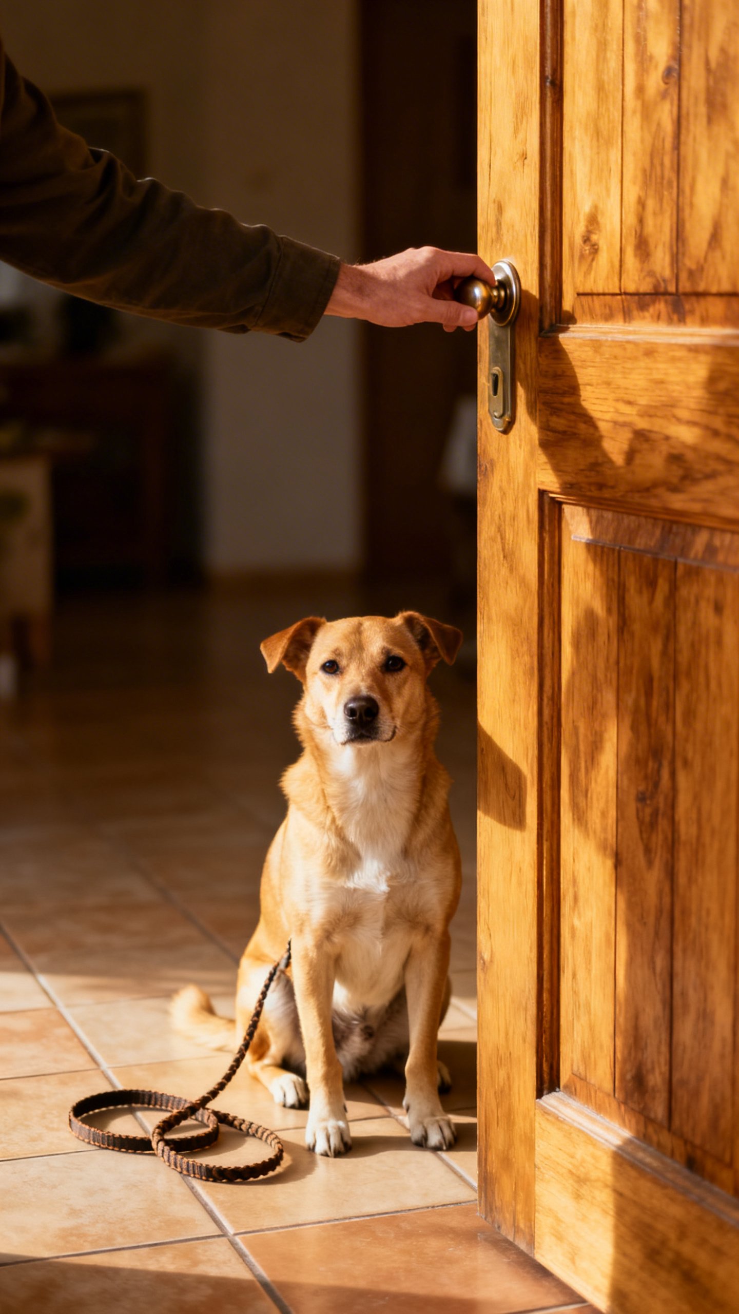 Leash loose beside dog sitting at front door, hand on knob
