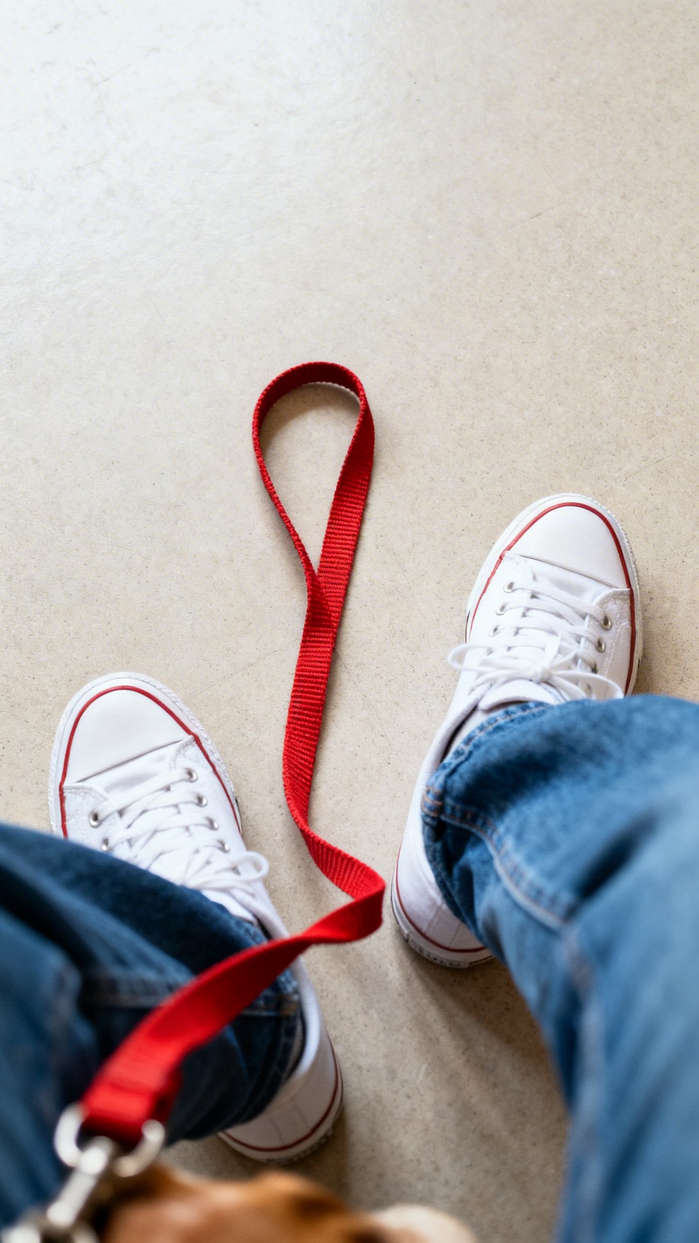 Leash walking drill, red leash slack beside owner’s jeans and sneakers