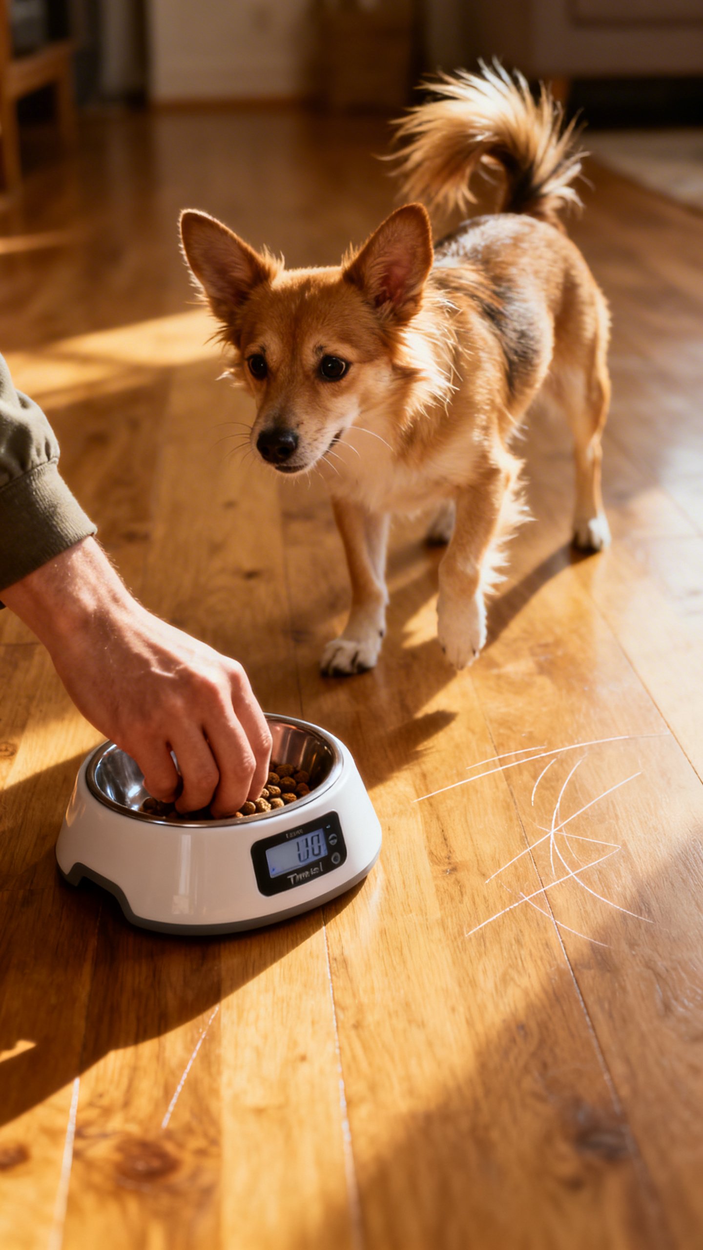 Owner’s hand placing timed feeder while ignoring excited dog