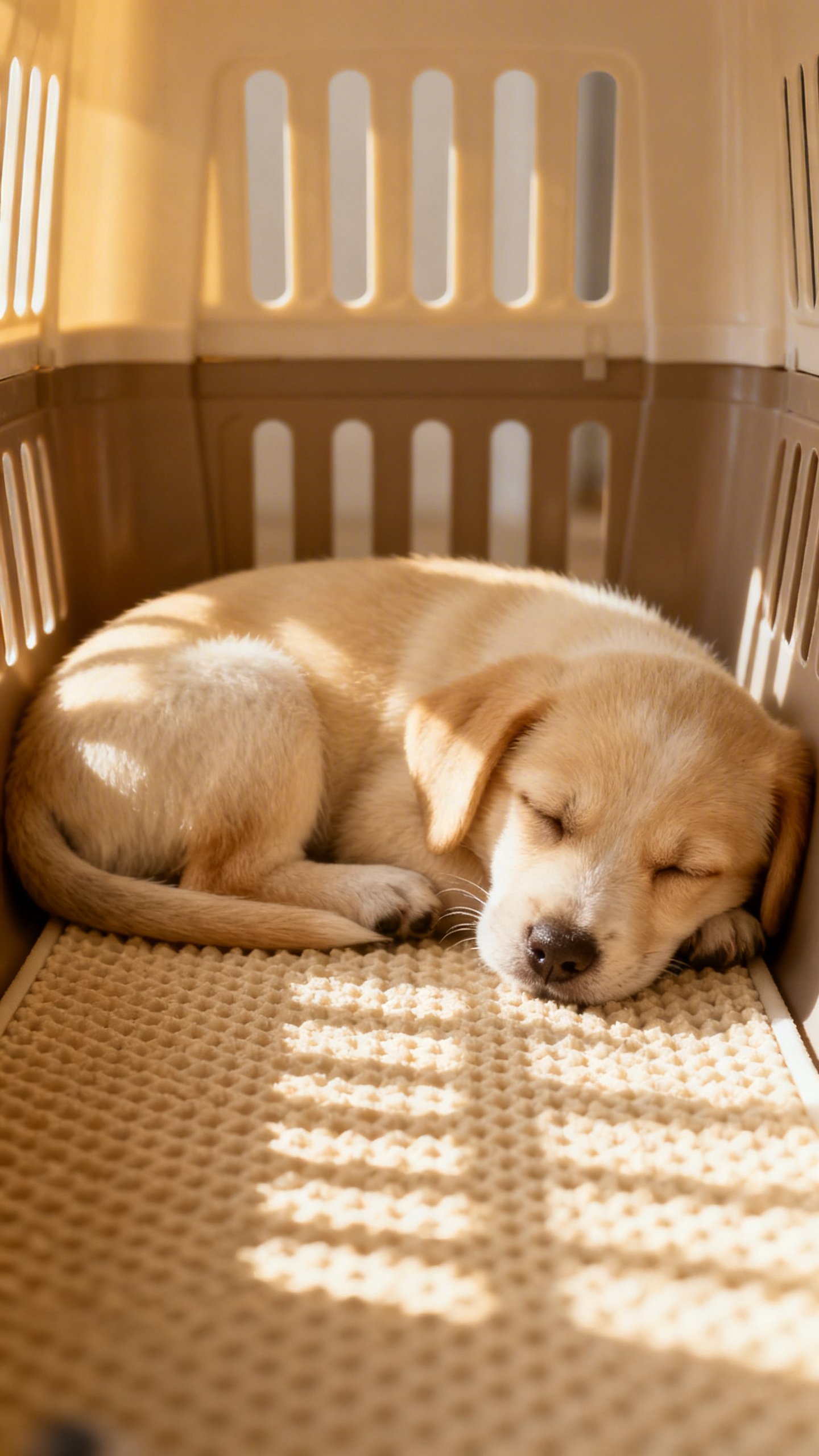Puppy napping on chew-resistant mat inside plastic kennel, soft shadows