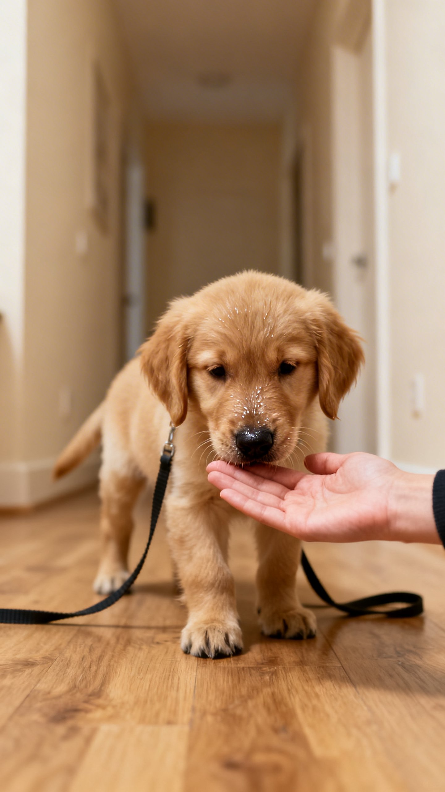 Puppy nose touching open palm hand target, apartment hallway, leash slack