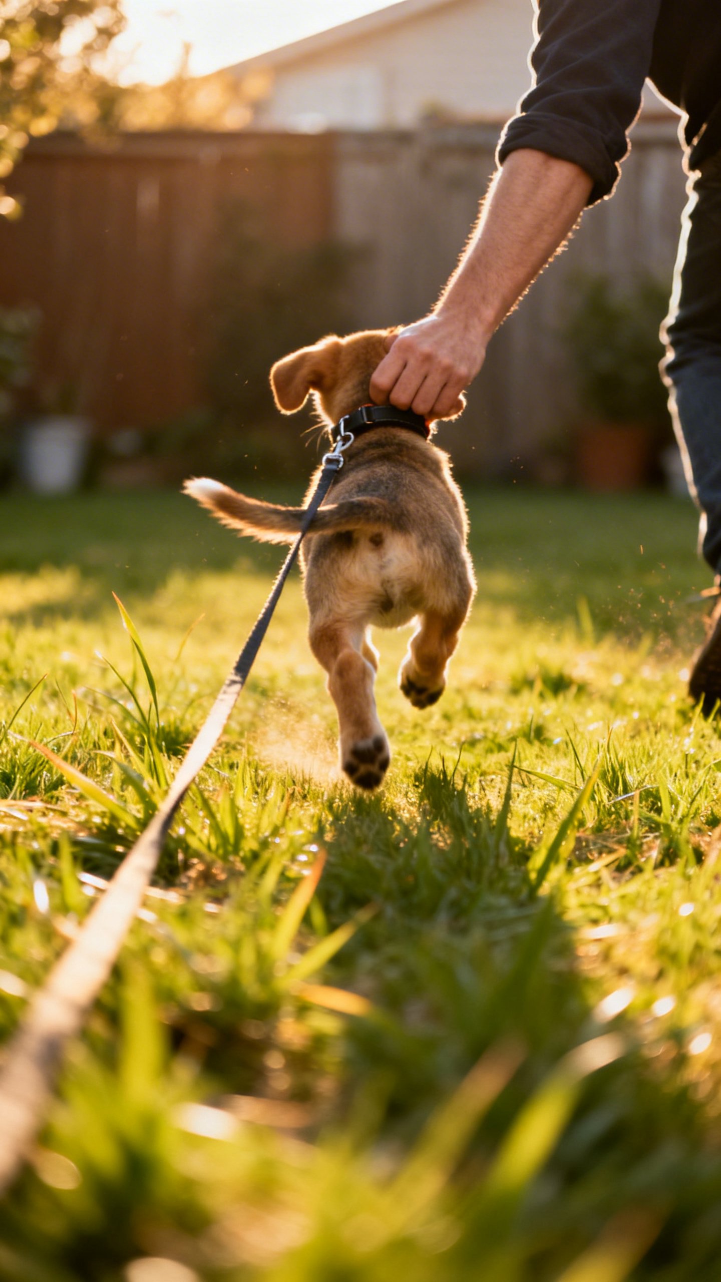 Puppy on long line sprinting to person, collar gently grasped, backyard grass