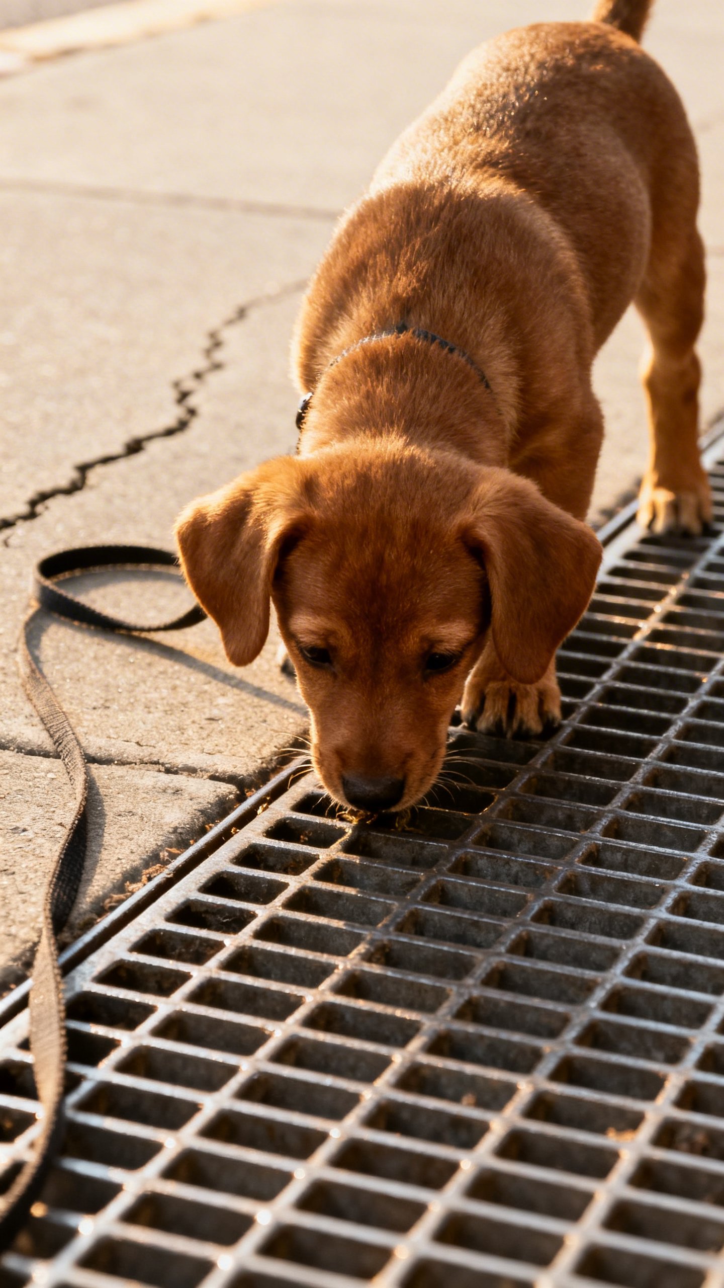 Puppy sniffing metal grate surface, leash slack, daylight sidewalk