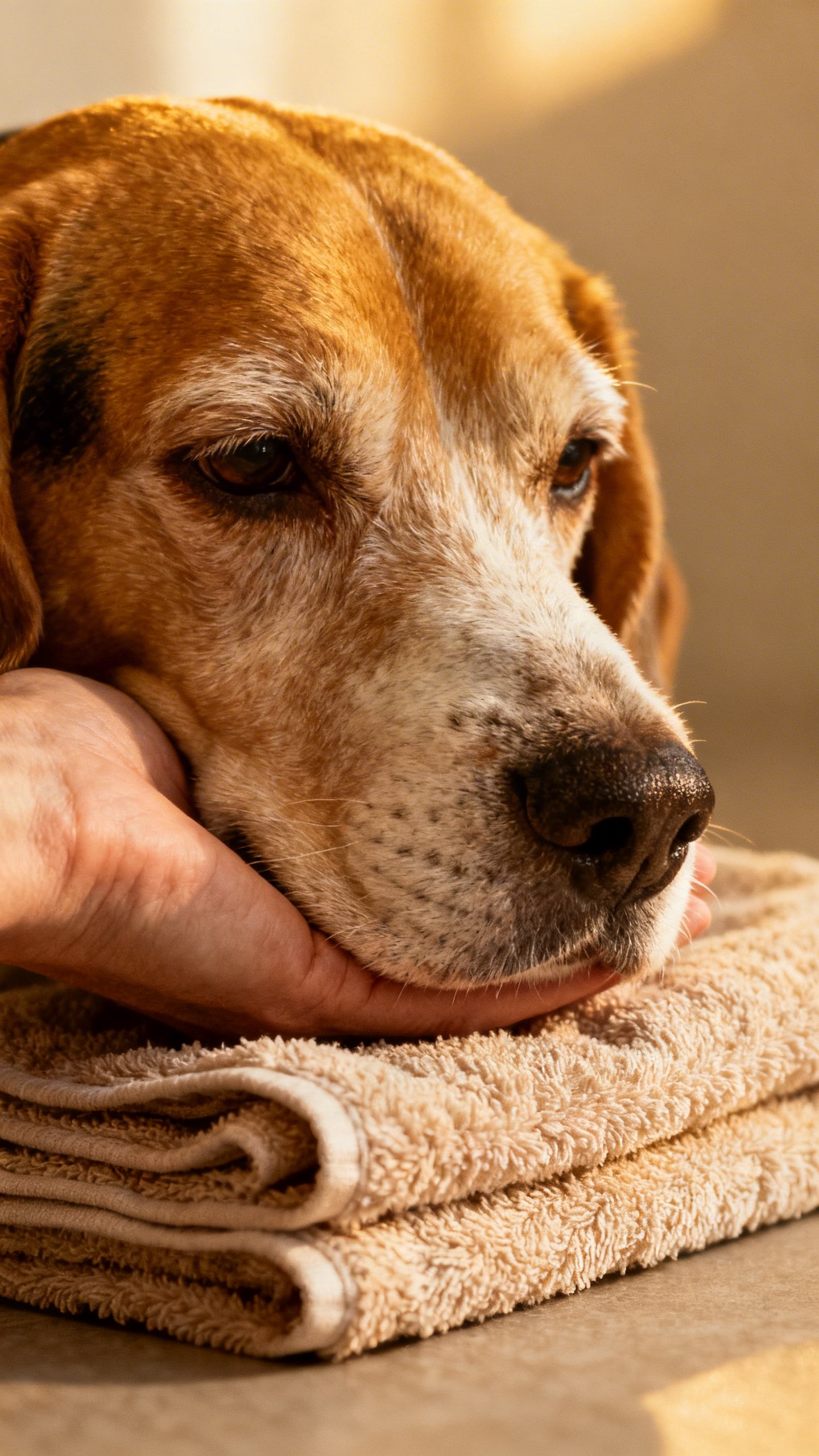 Senior beagle chin resting on folded towel, gentle hand supporting jaw