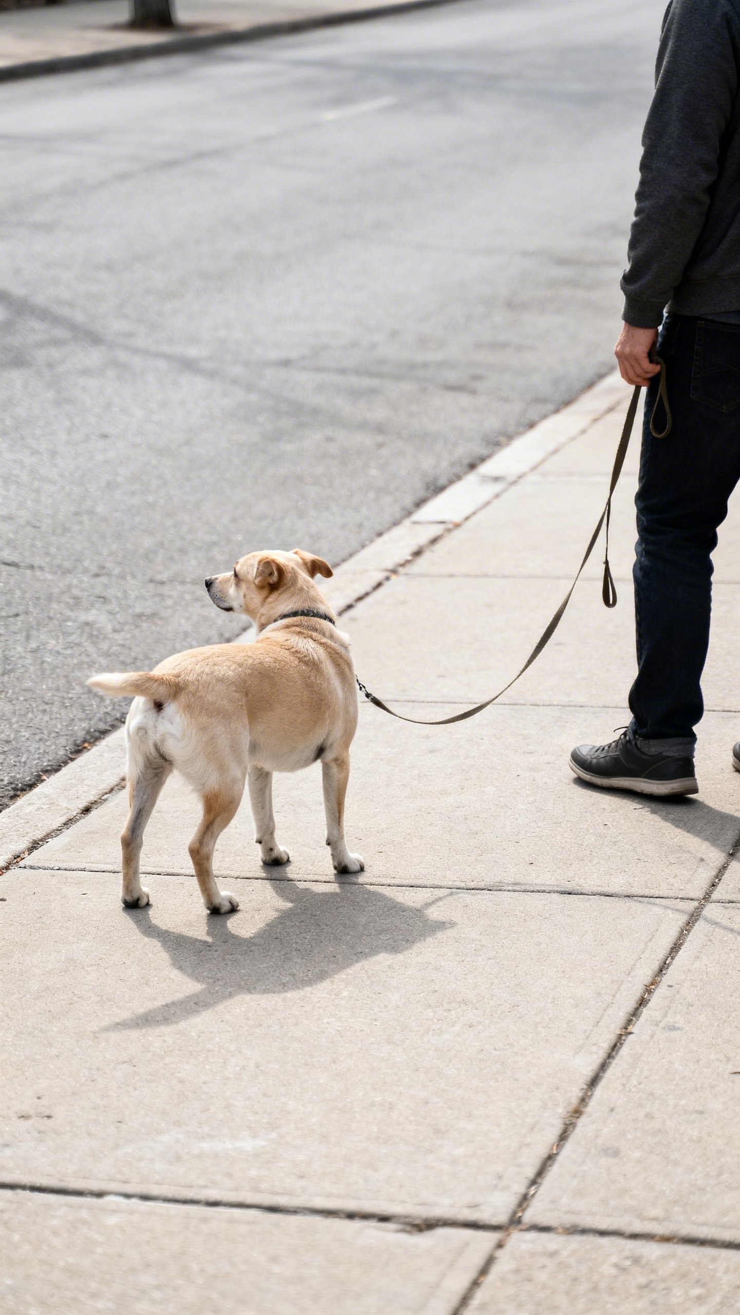 Side view male owner stopping, slack leash, dog checking back, quiet sidewalk