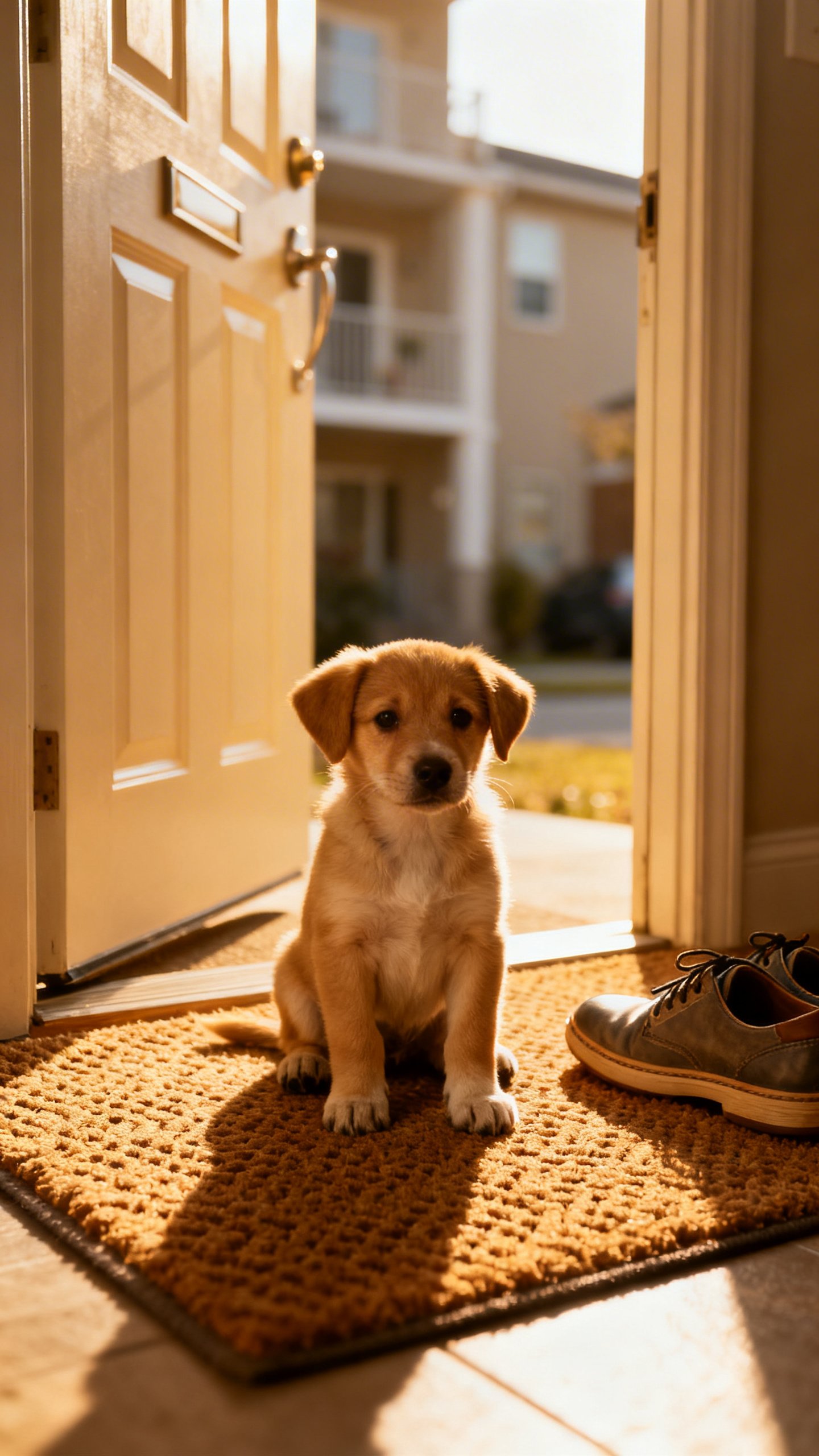 Small puppy on textured doormat at open apartment door, guest shoes nearby