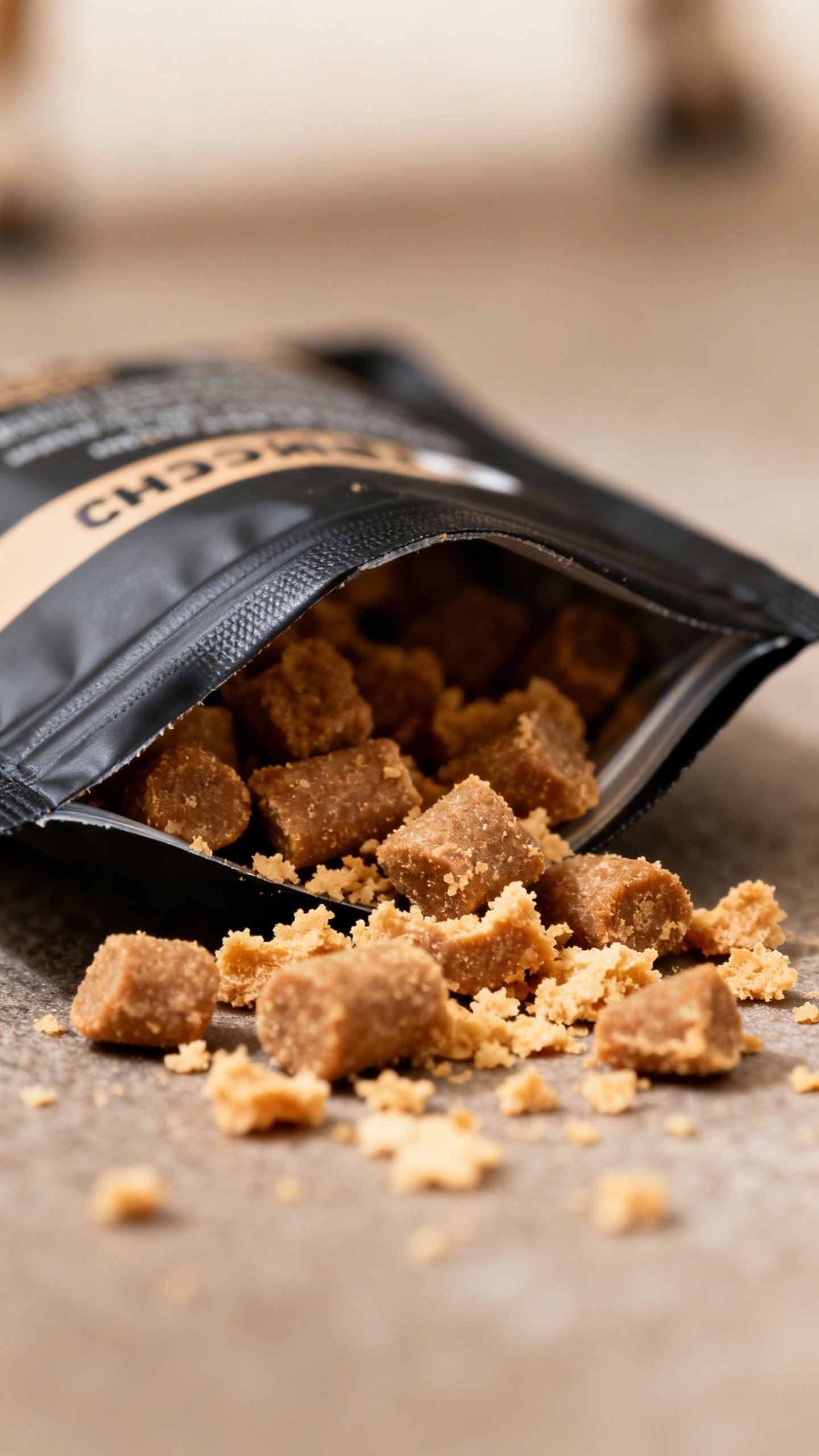 Small soft chicken treats in black treat pouch, crumbs visible