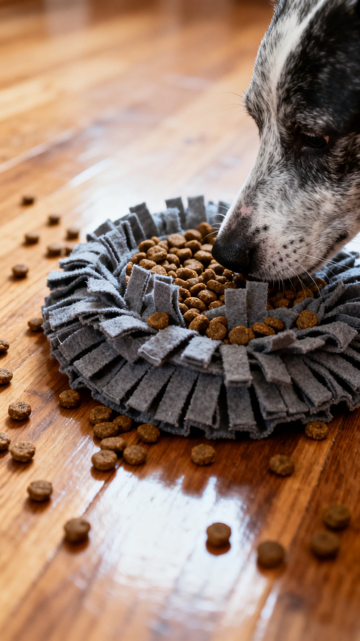 Snuffle mat on hardwood floor, scattered kibble, salt-and-pepper muzzle sniffing