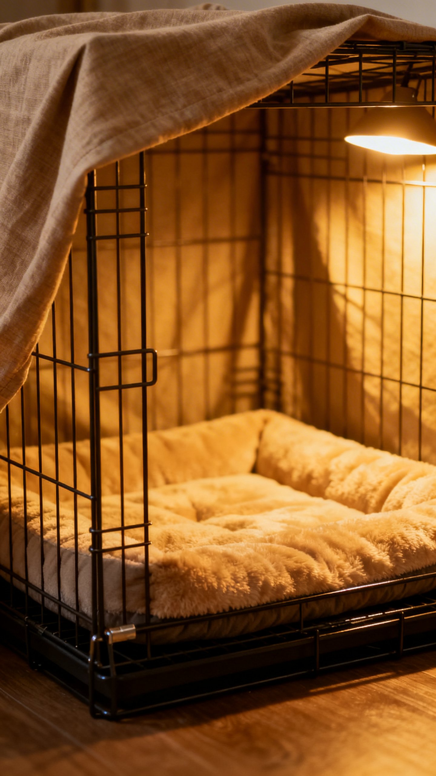 Wire dog crate with soft cover, warm lamplight, cozy mat