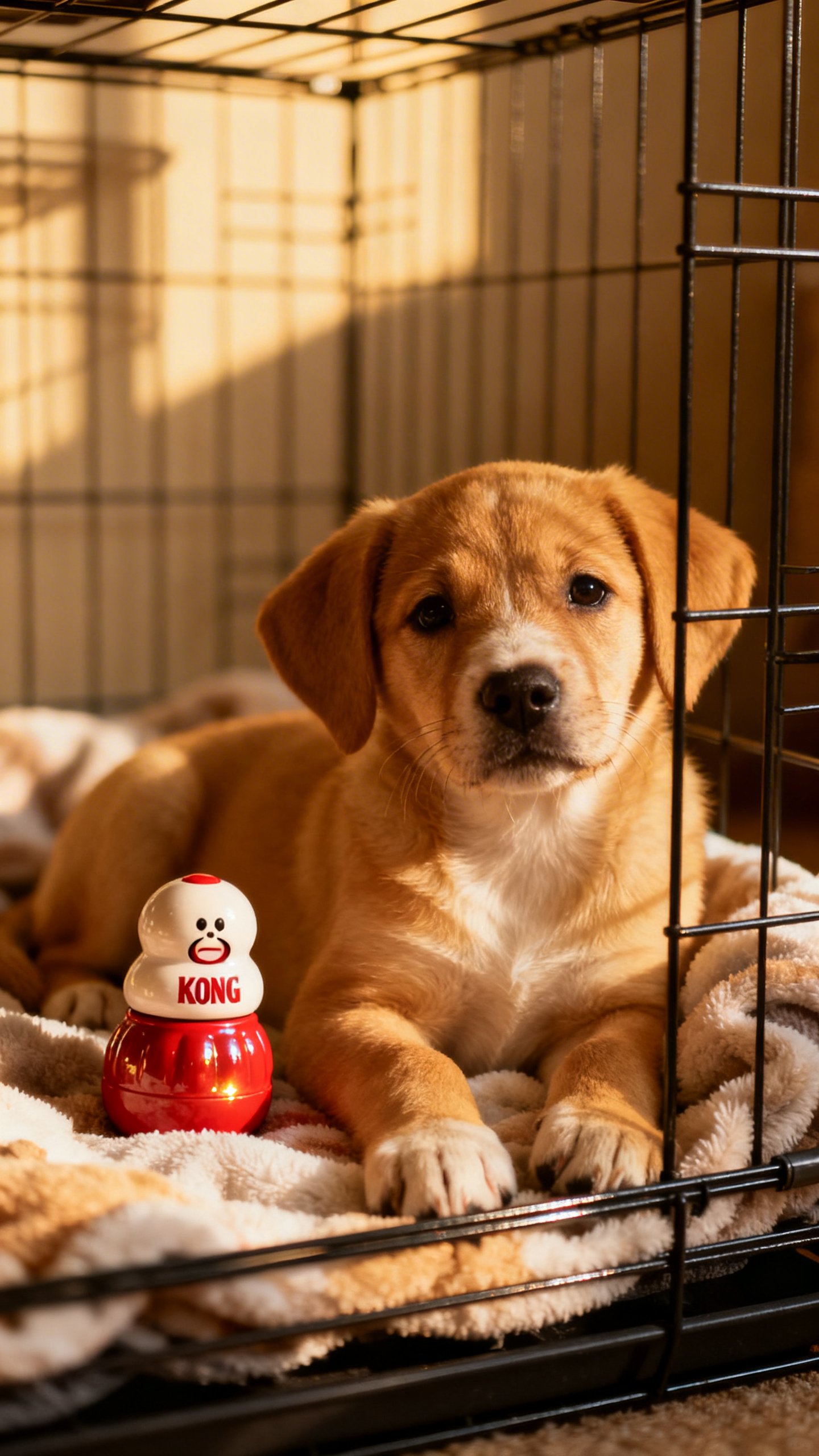 Young puppy in wire crate with stuffed Kong, soft blanket